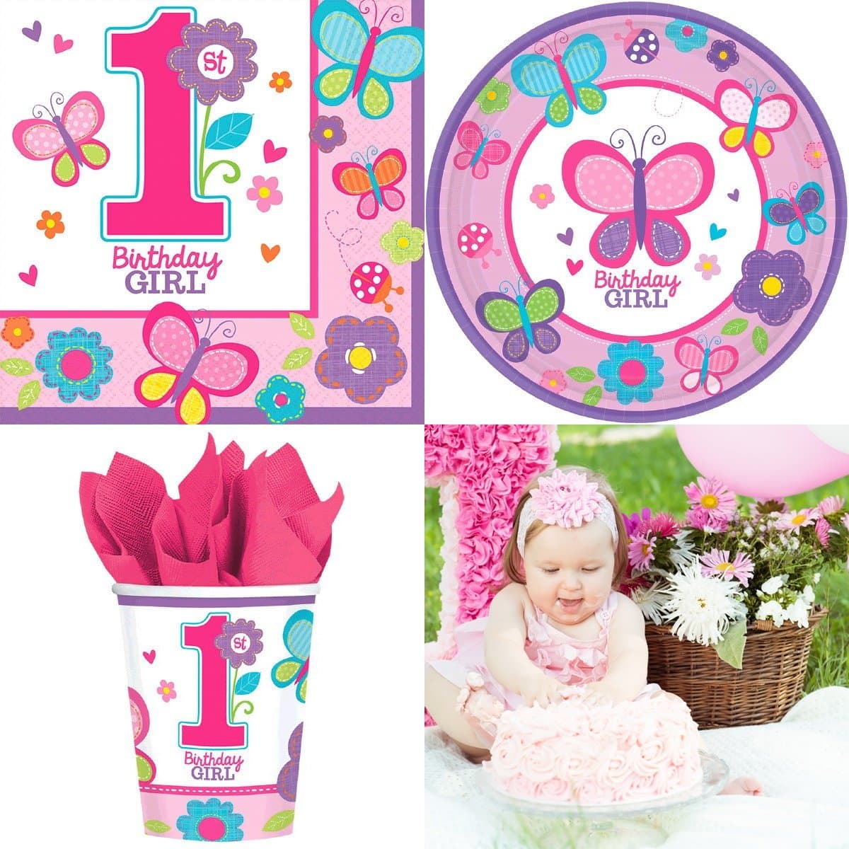Sweet Birthday Girl First Birthday Party Supplies, Complete Pack for 16 Guests, Includes Plates, Cups, and Napkins