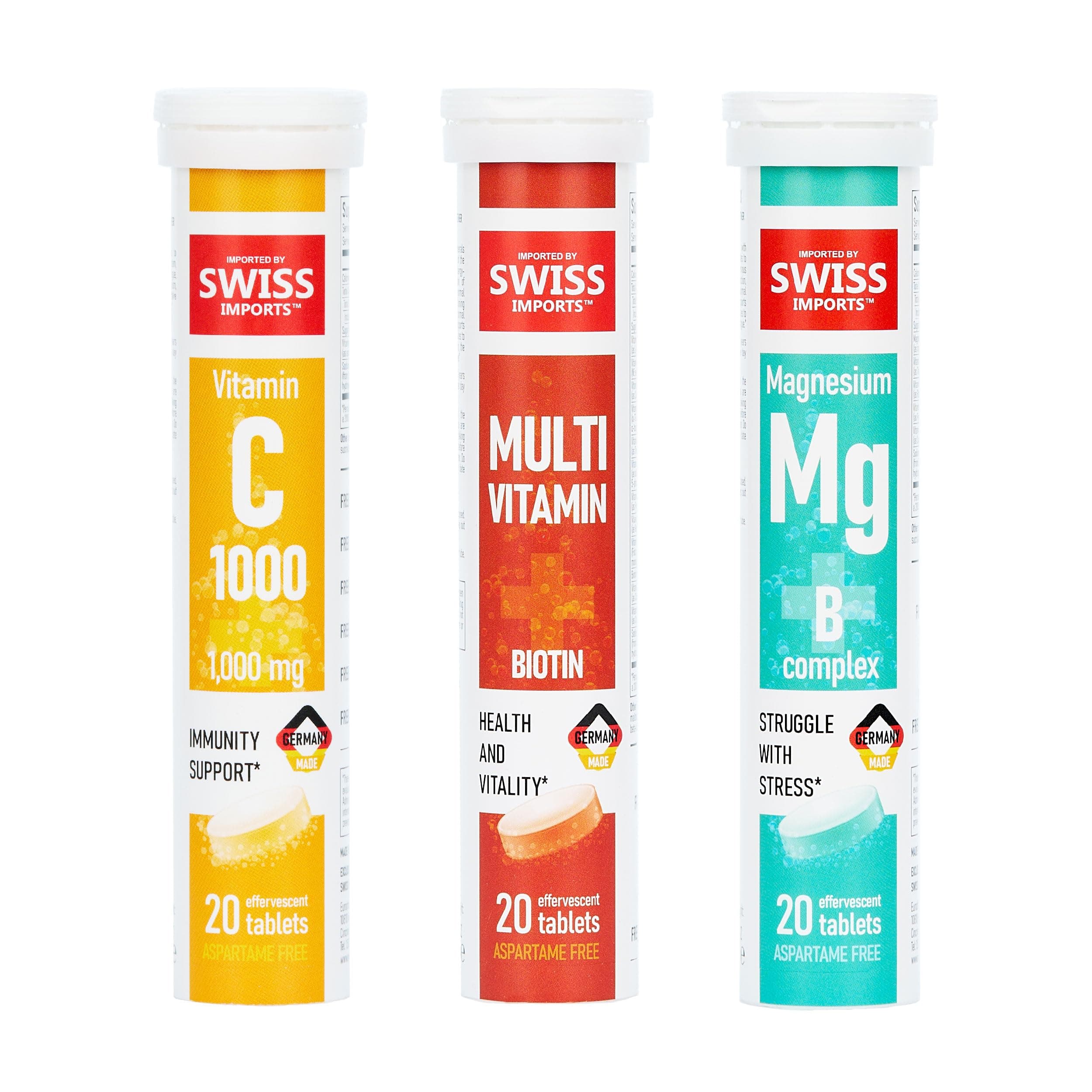 Effervescent Variety Pack with Vitamin C 1000mg, Magnesium + B Complex, Multivitamin + Biotin, 3-Pack, 60 Tablets