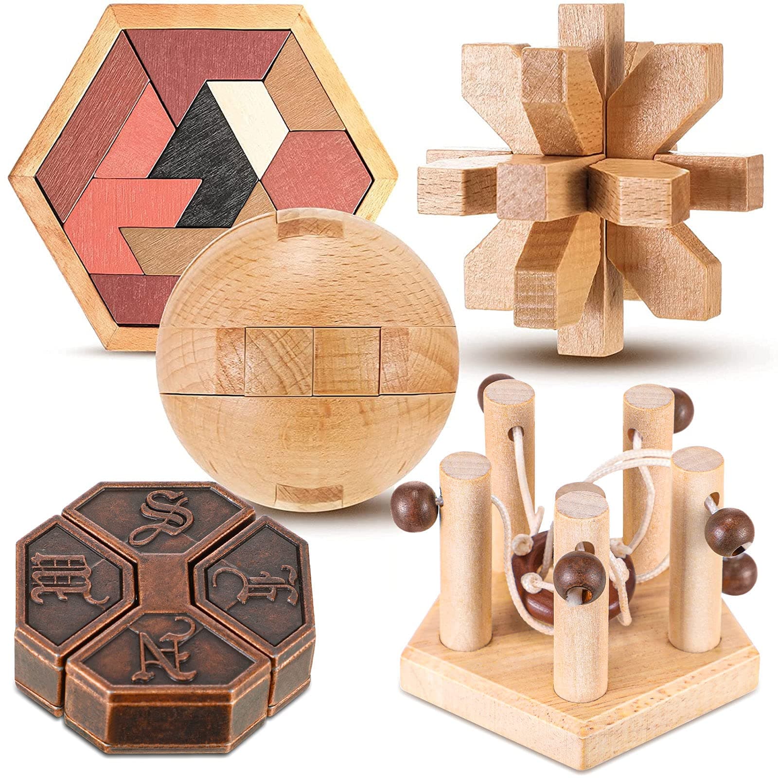 Hungdao 5 Pieces Brain Teasers Puzzles Metal and Wooden Puzzles for Kids and Adults Mind Game IQ Logic Test Hand Puzzle Educational Toys for Family Game Educational Challenge Party Favor
