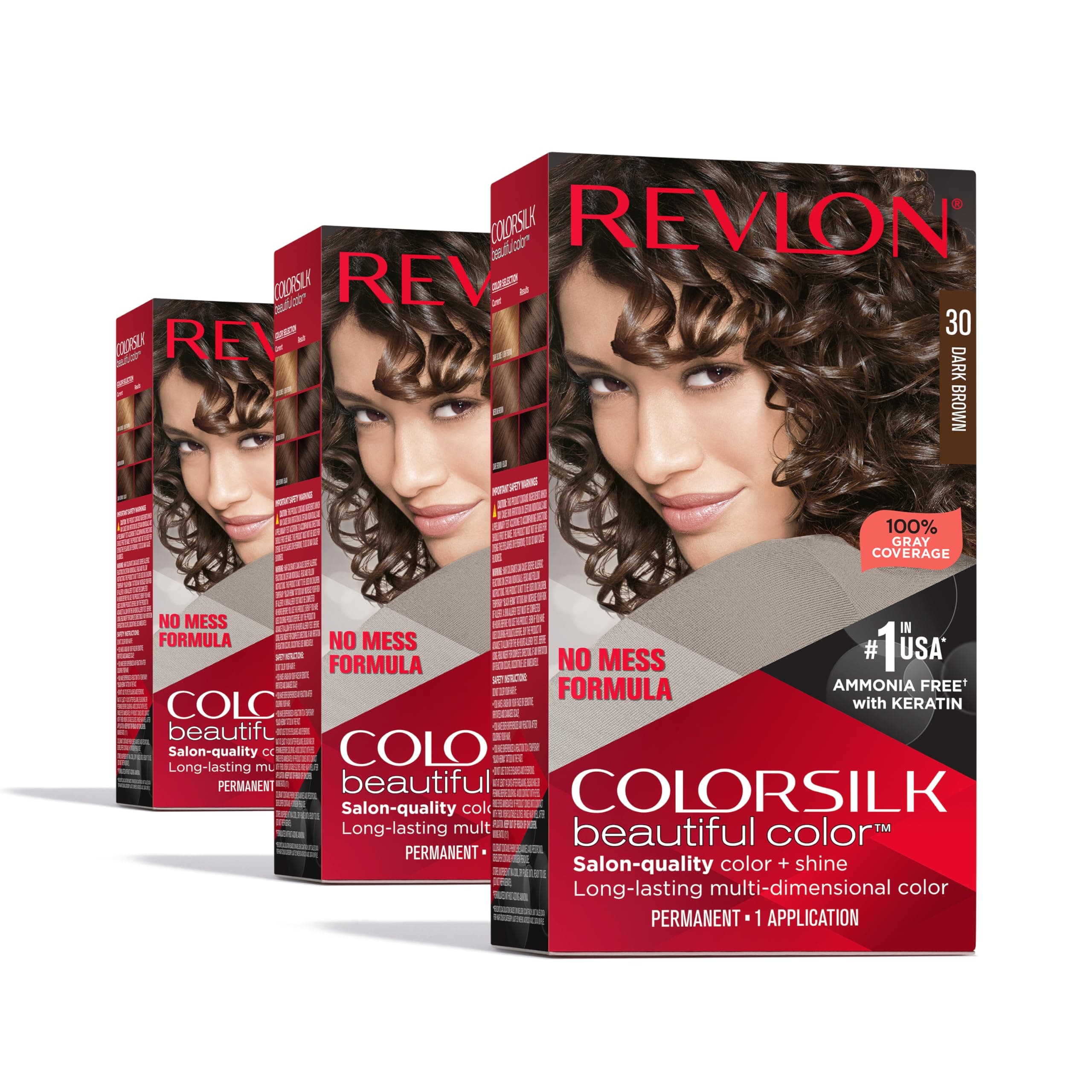 Permanent Hair Color by Revlon, Permanent Brown Hair Dye, Colorsilk with 100% Gray Coverage, Ammonia-Free, Keratin and Amino Acids, Brown Shades (Pack of 3)