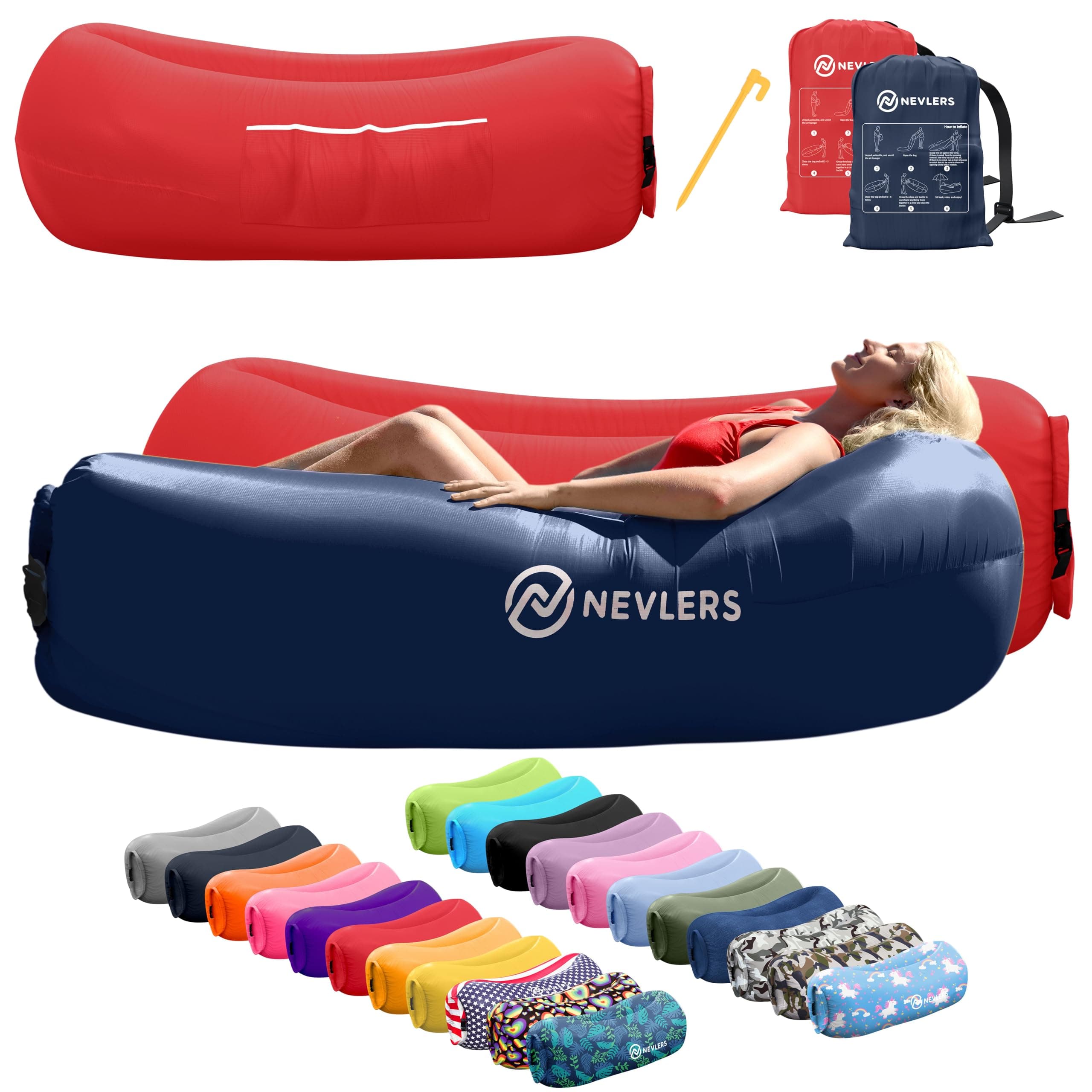 Nevlers 2 Pack Inflatable Loungers Air Sofa Couch | Perfect for Beach Chair Camping Chairs or Portable Hammock |Travel Bag Pouch, Pegs & 3 Pockets| Movie Seating & Camping Accessories Blow Up Lounger