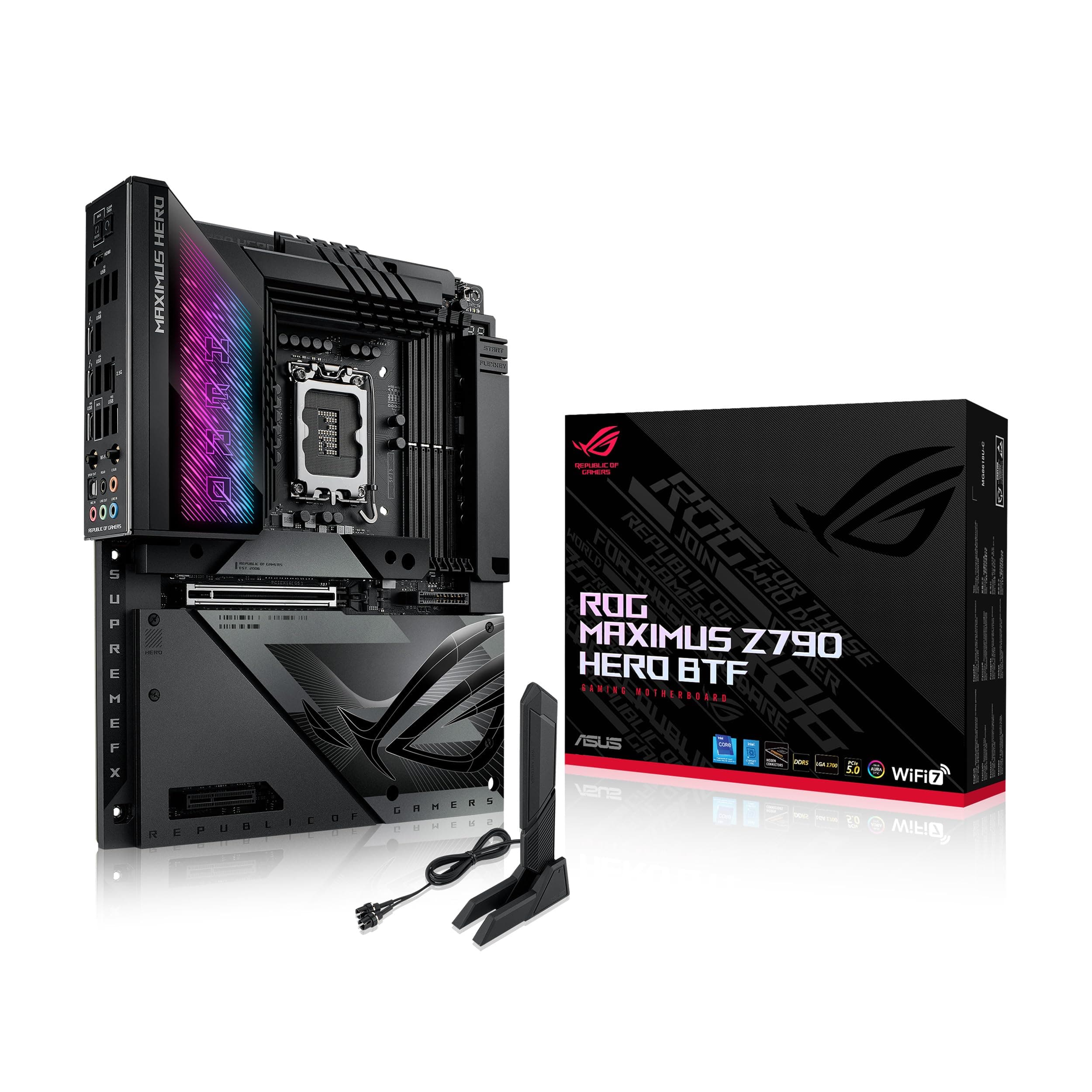 ROG MAXIMUS Z790 HERO BTF LGA 1700 ATX gaming motherboard,hidden-connector design, 20+1+2 power stages,DDR5,5xM.2 slots,PCIe 5.0 NVMe SSD slot onboard,Wi-Fi 7 with WiFi Q-Antenna,2xThunderbolt 4 ports