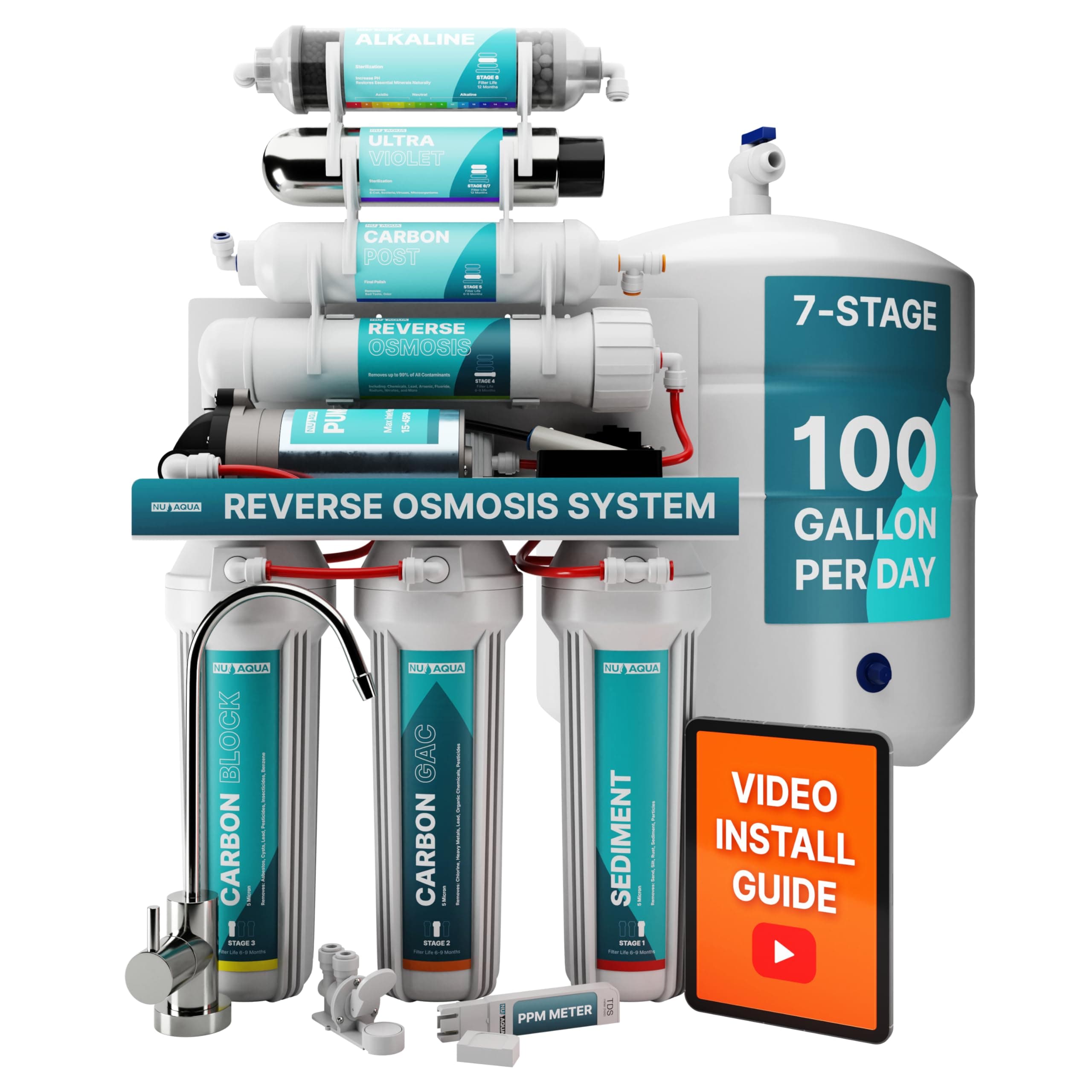 7-Stage Alkaline & UV Under Sink Reverse Osmosis Water Filter System - Booster Pump - 100 GPD RO Filtration & Remineralization - Faucet & Tank - 100GPD Undersink Home Kitchen Drinking Purifier