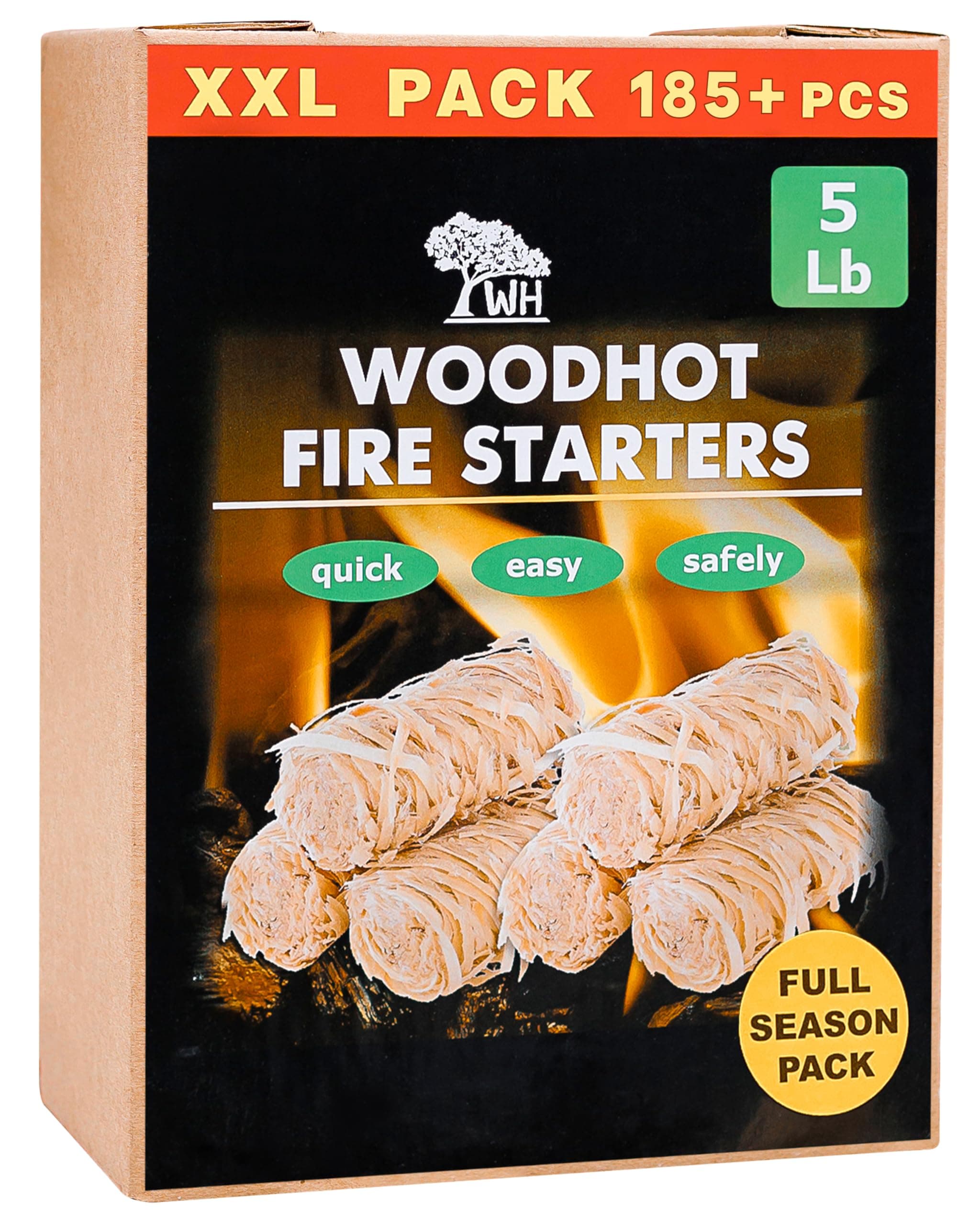 WH 185 pcs Natural Fire Starters for Campfires & Grill - 5lb Large Box - Long-Burning Charcoal Starters - Odorless Firestarters for Outdoor Fire Pit, Fireplace - Quick Ignite
