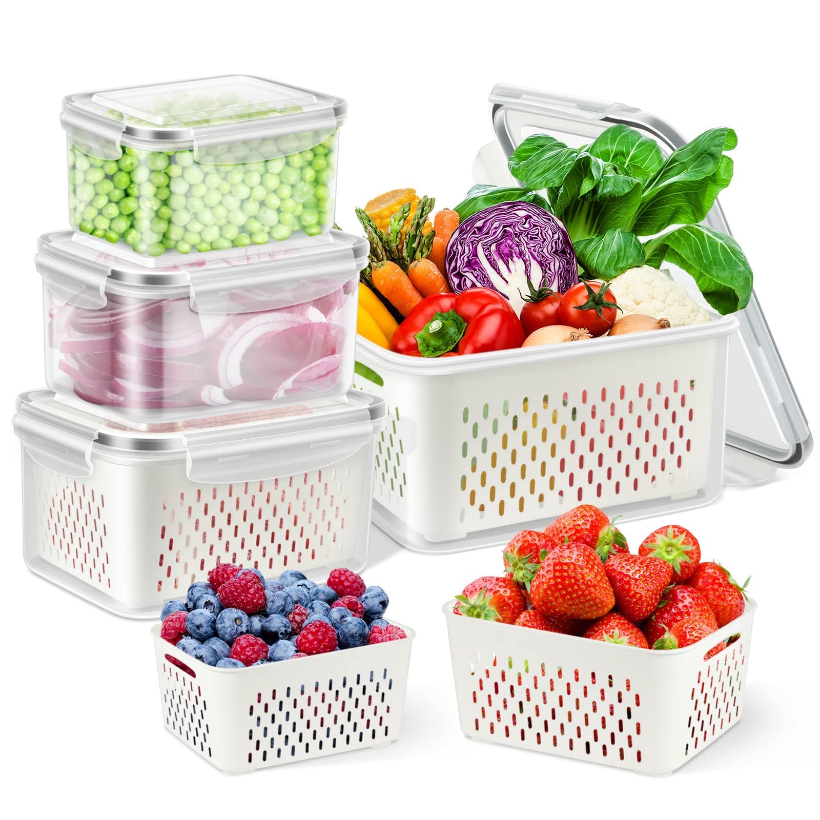 TBMax Fruit Storage Container for Fridge, 4 Pack Fresh Vegetable Container with Colander, Multifunctional Plastic Fridge Organizer Sets, Stackable Refrigerator Boxes for Kitchen