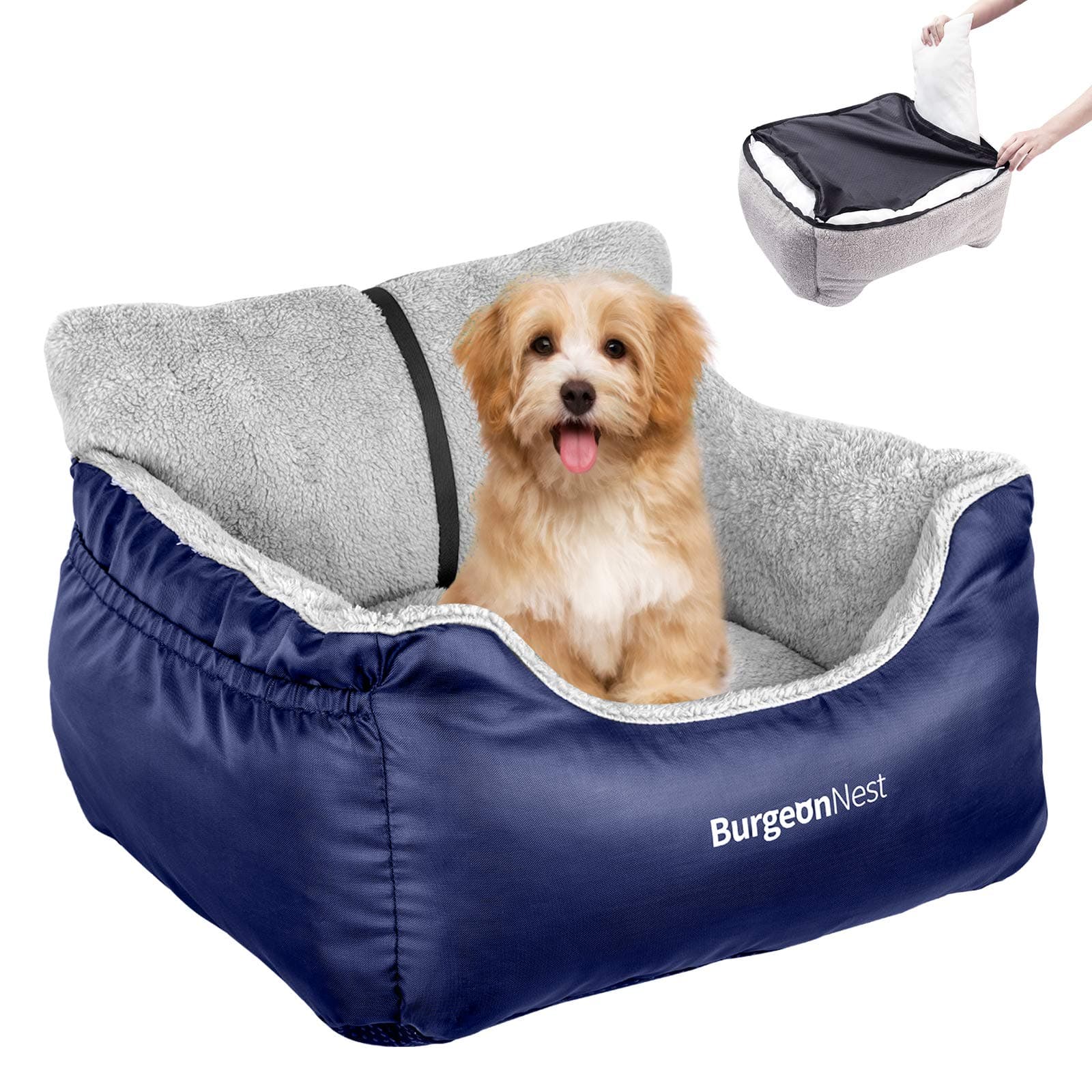 BurgeonNest Dog Car Seat for Small Dogs, Fully Detachable and Washable Cat Carseats Under 25 lbs, Soft Pet Booster Seats with Storage Pockets and Clip-On Leash Portable Car Travel Carrier Bed, Blue