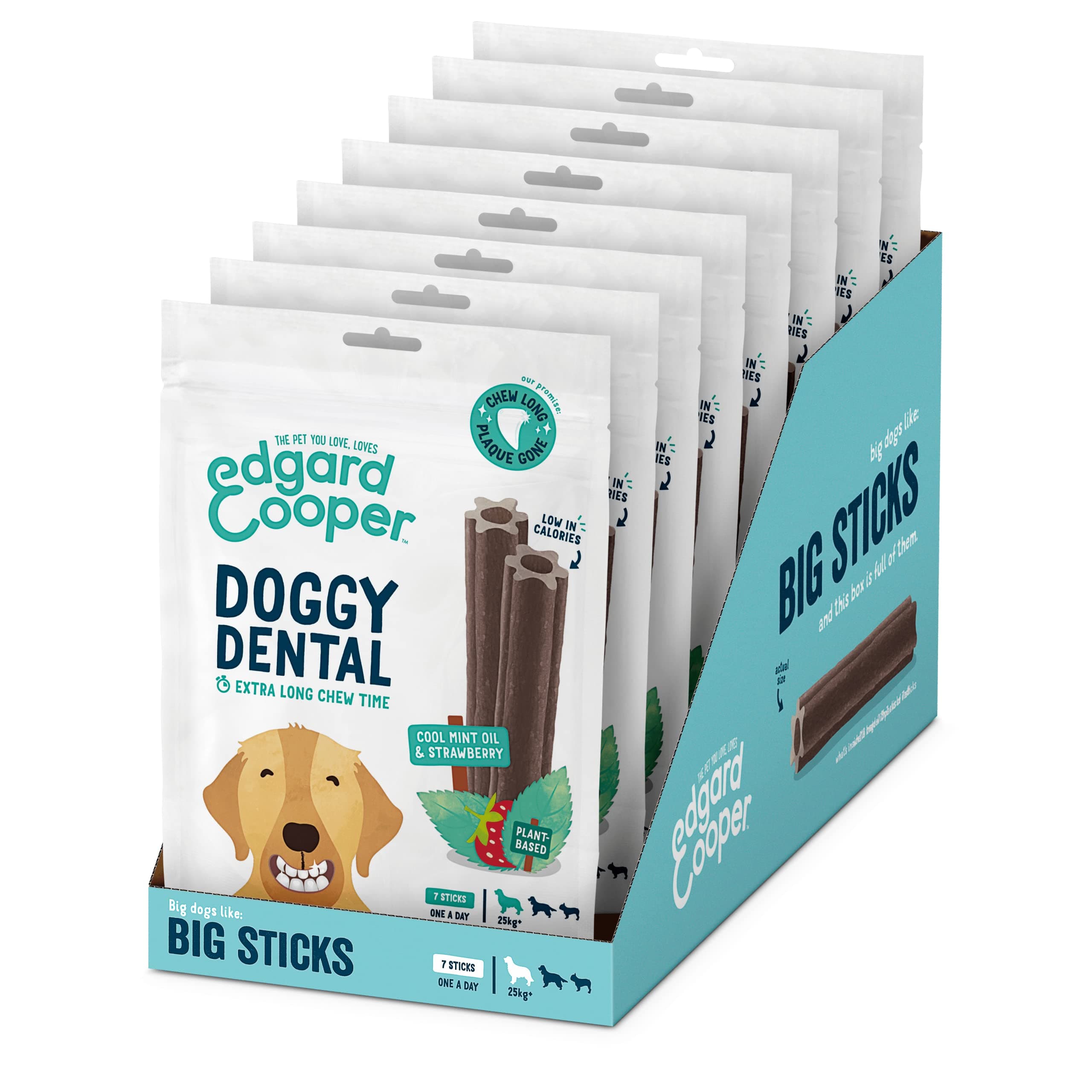 Treats Dental Stick, Big, Strawberry and Mint, 8 x 7 stick pack, Natural Dog Chew Sticks, Dental Hygiene, One per Day, Low Calorie, Long Chewing, Fresh Breath
