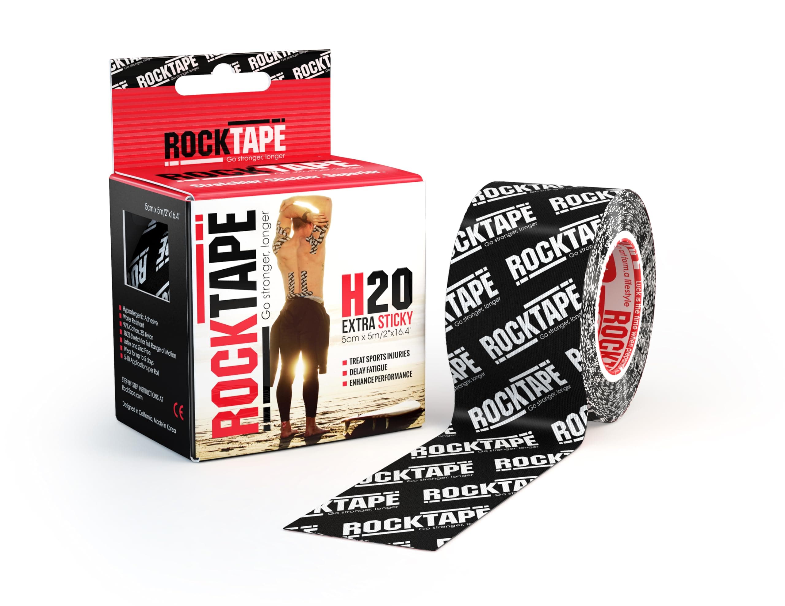 RockTape Extra Sticky Kinesiology Tape - Athletic Tape for Muscle Pain Relief, Injury Recovery - Microscopic Skin Lifting & Decompression - Sweat & Water Resistant