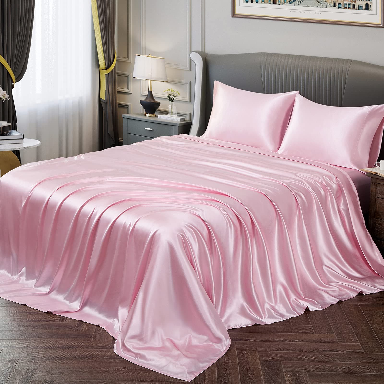 Vonty Satin Sheets Queen Size Silky Soft Satin Bed Sheets Pink Sheet Set, 1 Deep Pocket Fitted Sheet + 1 Flat Sheet + 2 Pillowcases