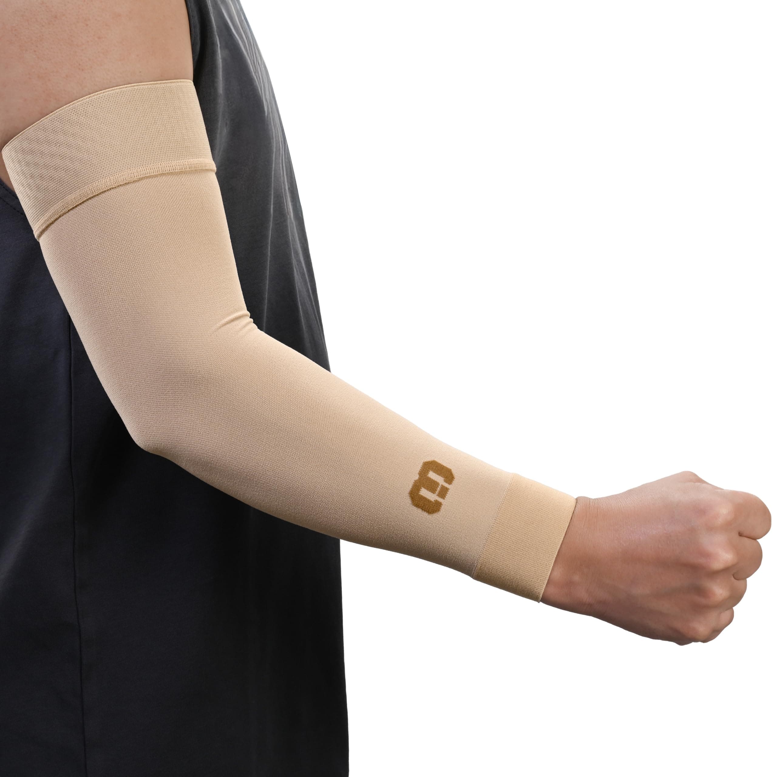 MGANG Lymphedema Compression Arm Sleeve for Women Men, Opaque, 15-20 mmHg Compression Full Arm Support with Silicone Band, Relieve Swelling, Edema, Post Surgery Recovery, Single Beige M