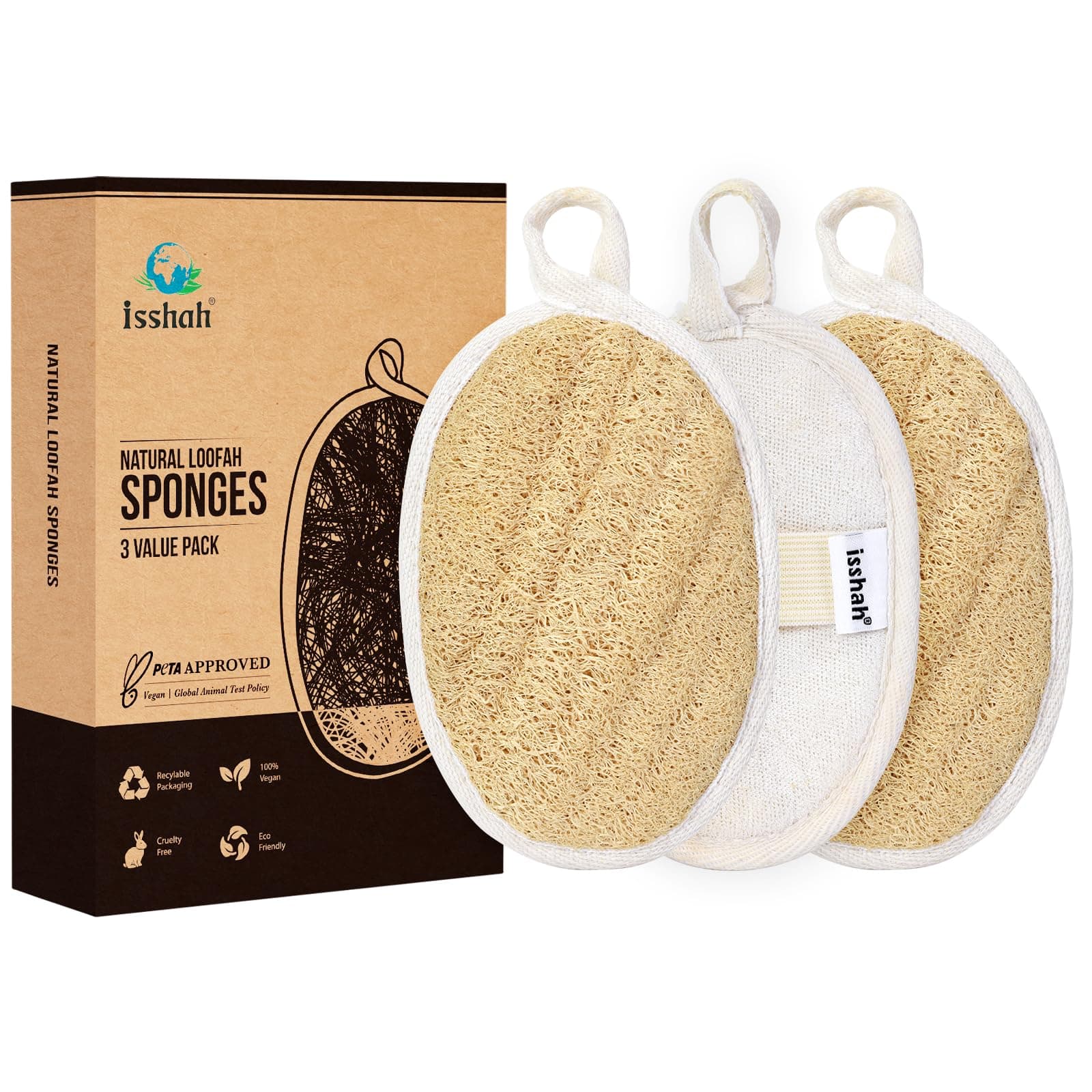 Natural Loofah Sponges, FSC Certified and PETA Approved Shower Loofah Sponge, 3 Pack