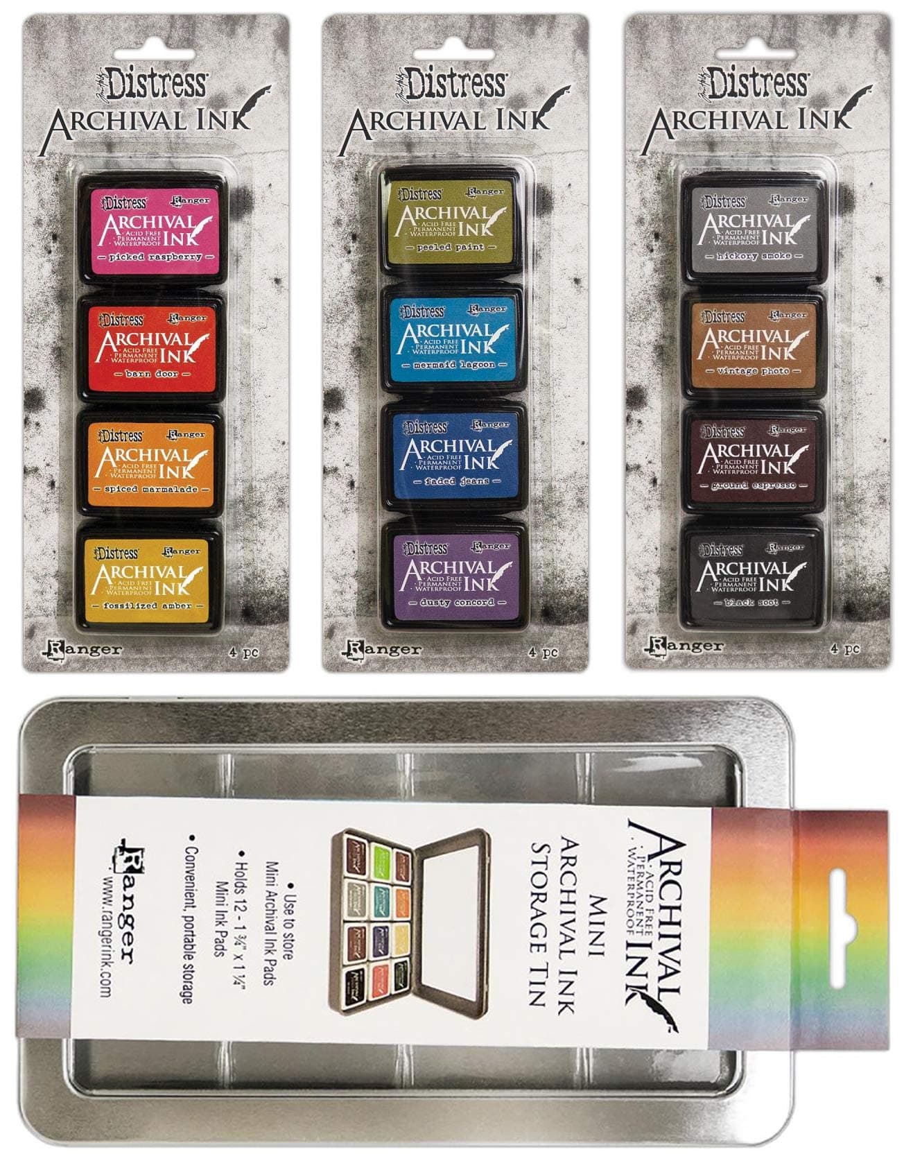 Distress Archival Mini Ink Kit 1, Kit 2, Kit 3 and Storage Tin - 4 Item Bundle