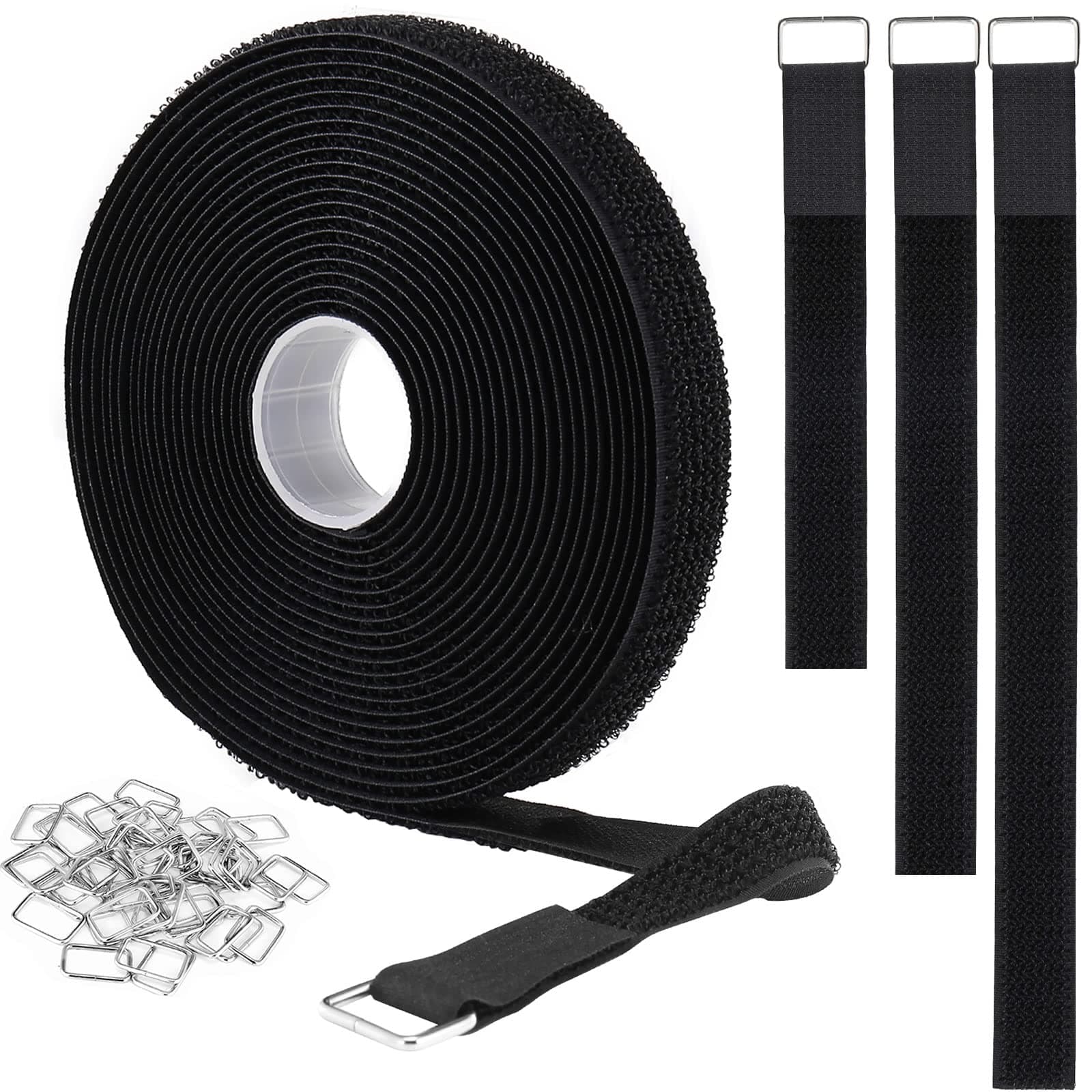 1"x16ft Hook and Loop Straps with 25 Metal Buckles, Adjustable Fastening Cable Straps, Cut-to-Length Cinch Strap, Reusable Nylon Securing Cord Ties for Organizer or Storage, 1 inch Wide, Black