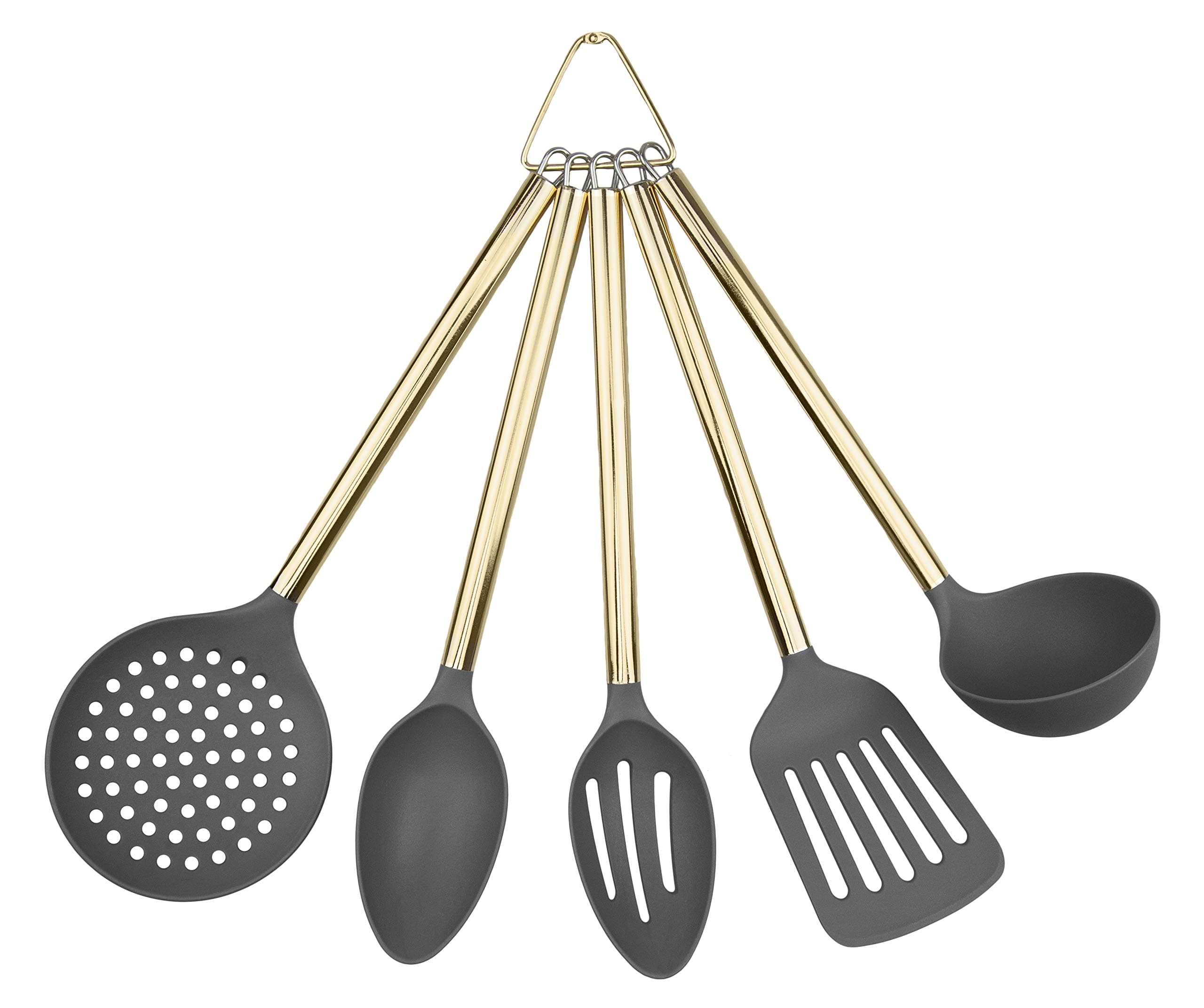 COOK with COLOR 5 Piece Charcoal Grey Nylon Cooking Utensil Set on a Ring with Gold Metal Stainless Steel Rounded Handles