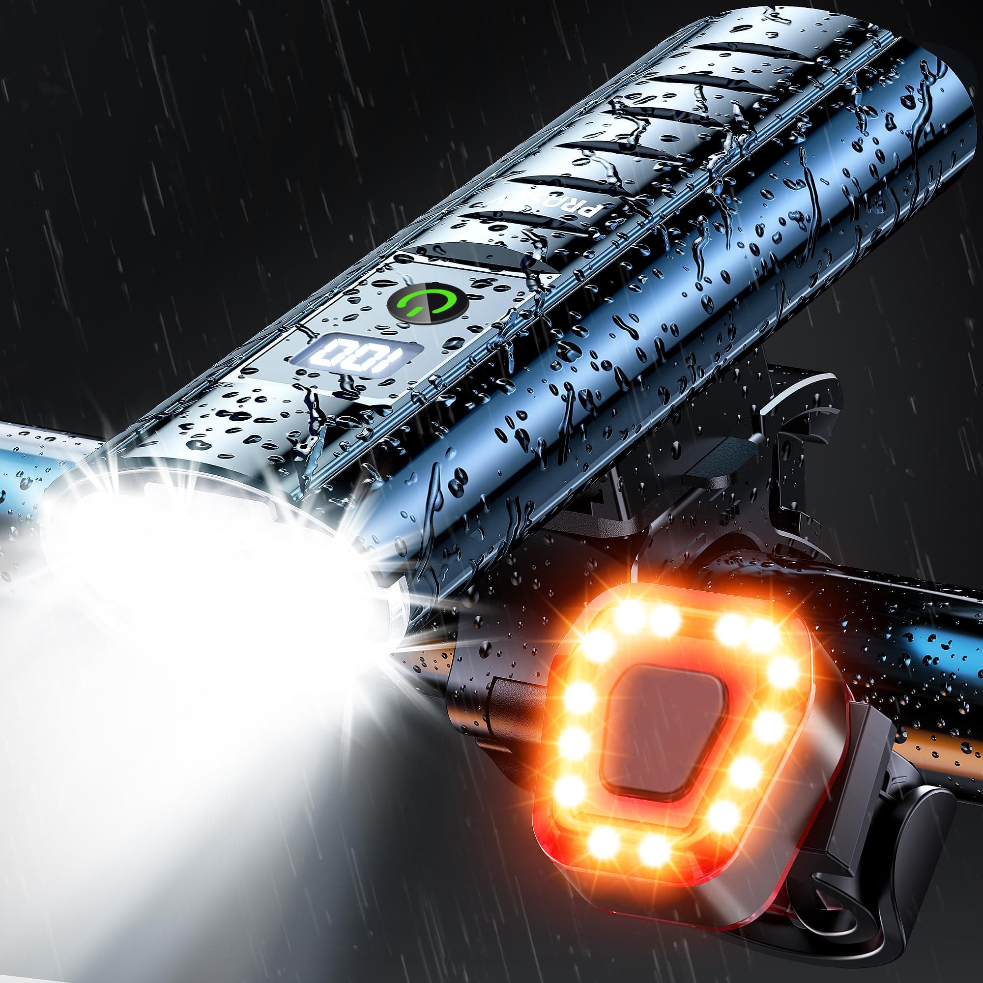 High Lumen Bike Light Set, Prasky Rechargeable Bicycle Lights Front and Rear, Super Bright LED Headlight, IP65 Waterproof Multiple Modes Road Mountain Bike Lights for Night Riding