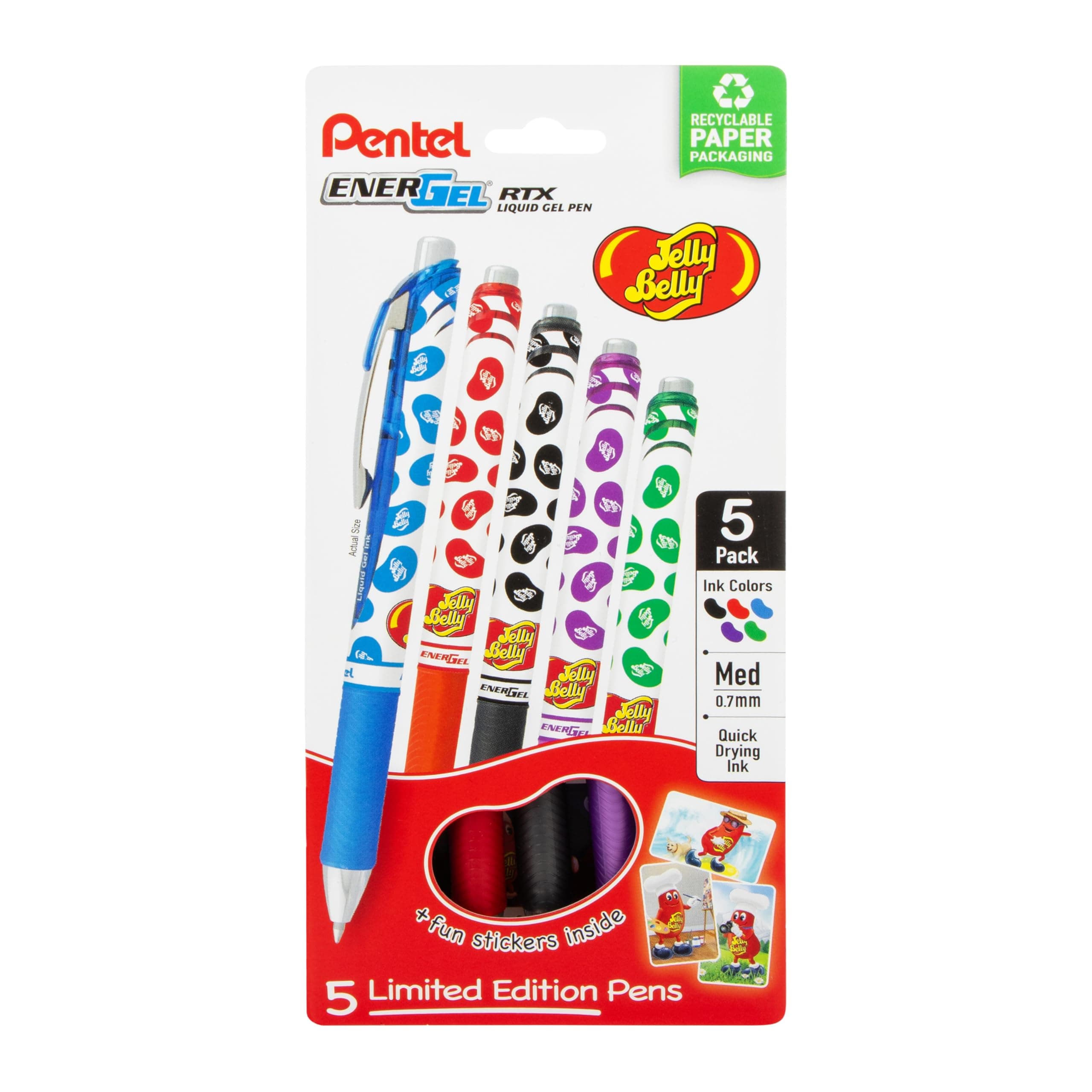 EnerGel RTX Retractable Liquid Gel Pen, Jelly Belly Limited Edition, 0.7mm tip, Assorted colors, Pack of 5 pens, (BL77PF5M-JB)