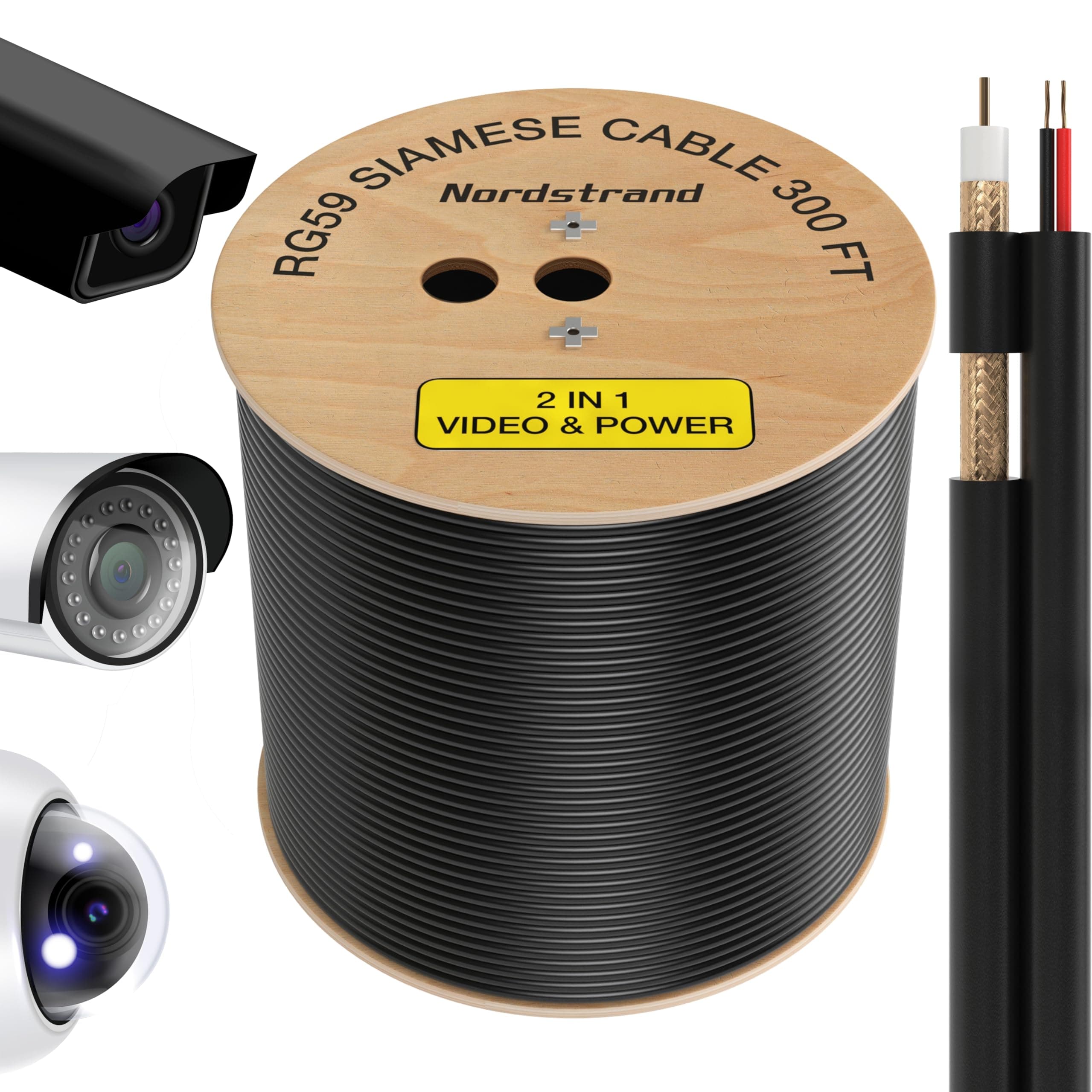 RG59 Siamese Cable 300ft - Coaxial CCTV Video & Power Cable - Combo Coax 20AWG Security Camera Wire - Direct Burial