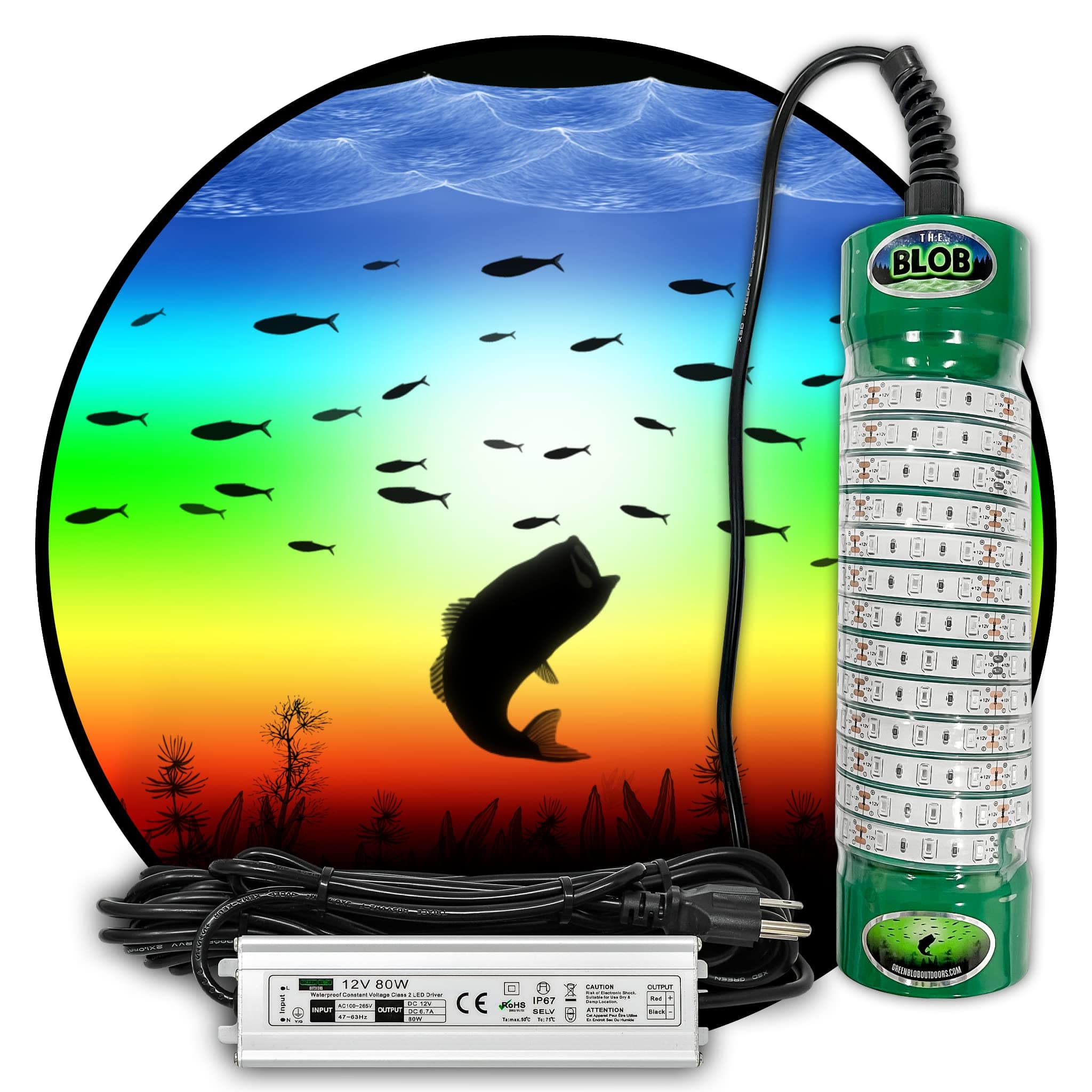 Green Blob Outdoors New Multi-Color LED Underwater Fishing and Pool Light (Includes Red, Green, Blue, Yellow, White, Orange, Purple, 17 Modes) w 30ft Cord and 3 Prong Plug (7,500, Multi-Color w/Timer)