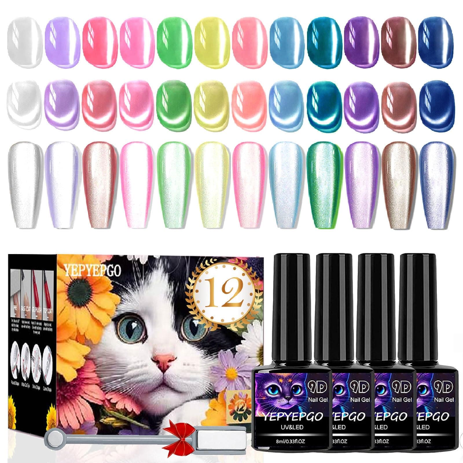 Glass Cat Eye Gel Nail Polish Set 12 Colors, Ceramic Magnetic Cats Gel Polish with Magnet Stick, Jelly Silk Velvet Crystal Effect Sock Off Nail Art Spring Summer Colors Manicure Gift Set for Women
