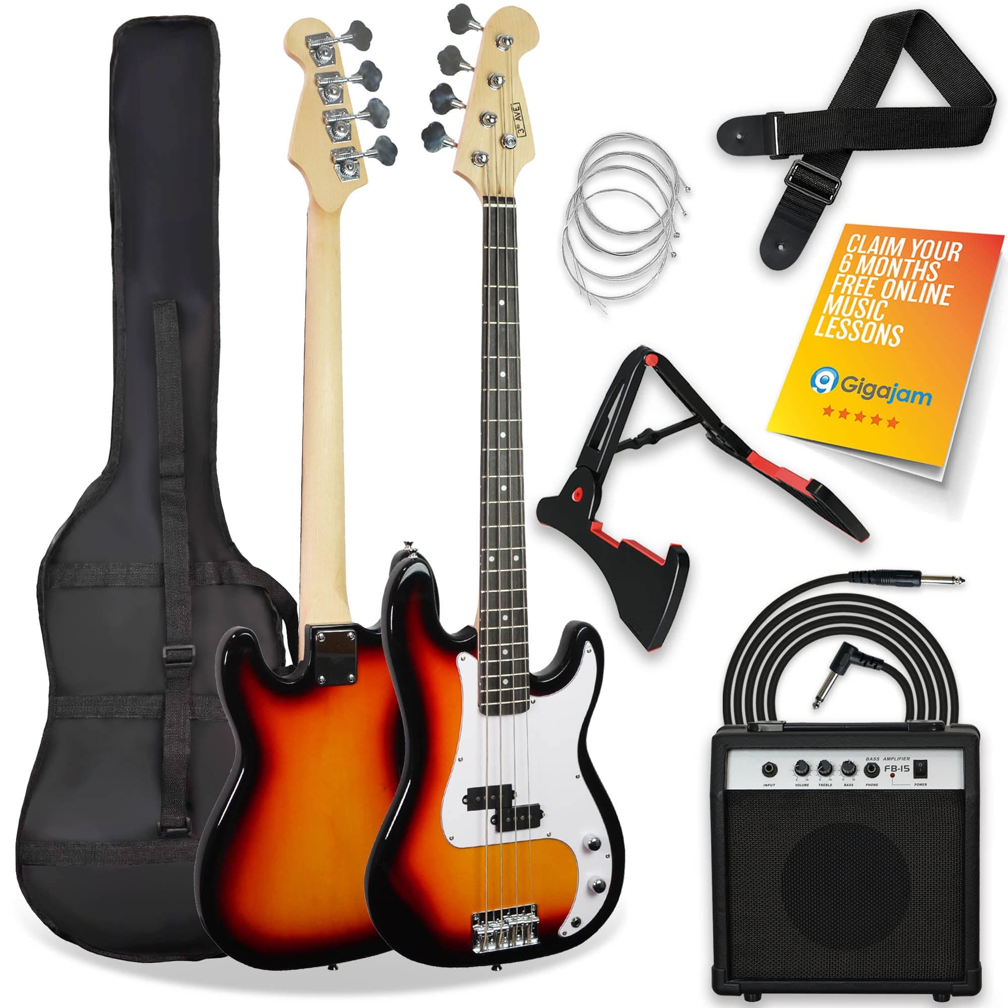 3rd Avenue Full Size 4/4 Electric Bass Guitar Beginner Pack Kit with 15W Amplifier, Bag, Cable, Strap, Stand and Spare Strings – Sunburst
