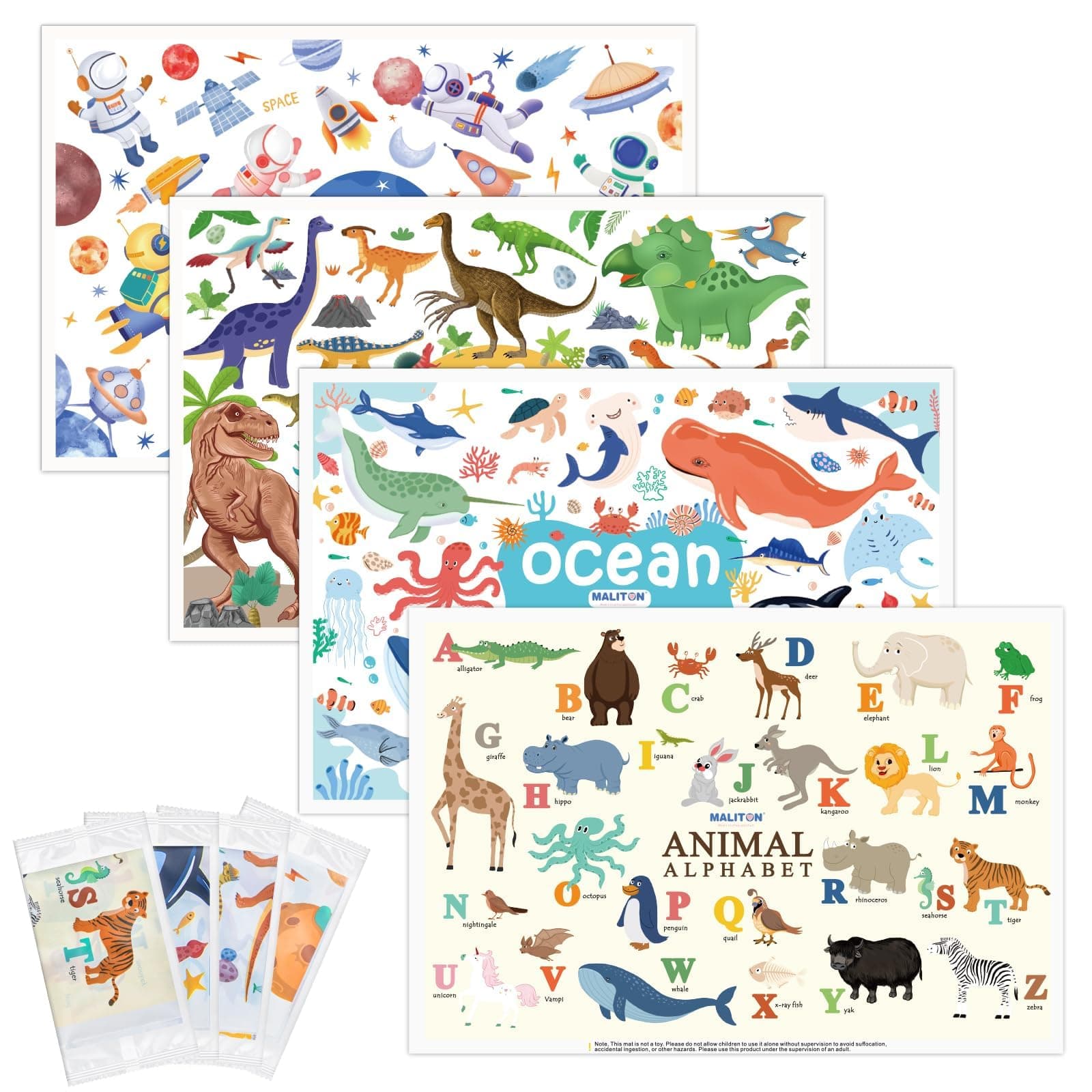 Maliton Disposable Placemats for Baby 32 Packs, Waterproof Stick-On Kids Placemats for Table with Alphabet Animal 4 Themes, Baby Travel Essentials, Restaurants, Dining, Individually Wrapped