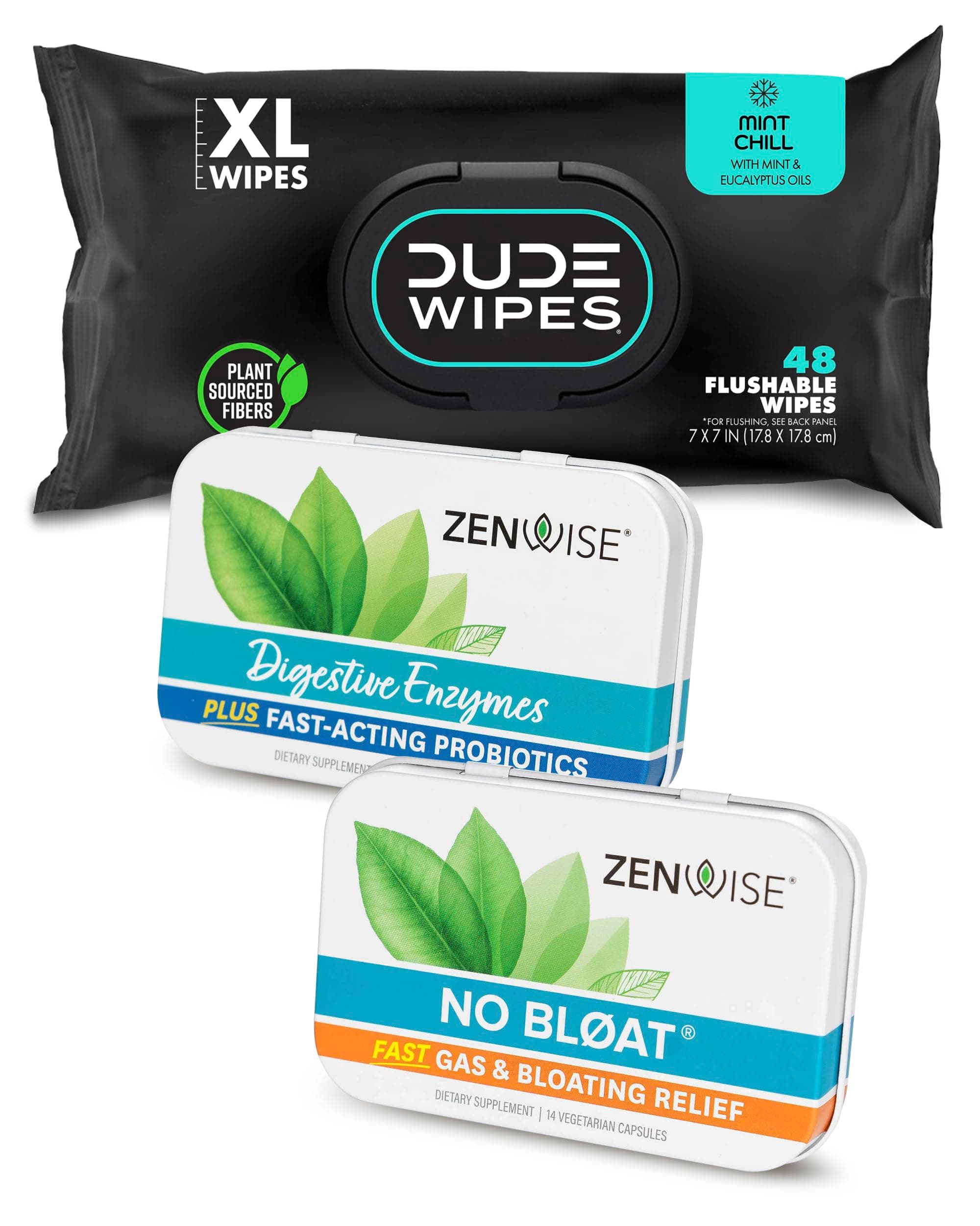 Dude Wipes + Zenwise #2 Plus Bundle – 48 Flushable Wipes + 15 Digestive Enzymes with Probiotics and Prebiotics + 14 No Bloat Caps – for Digestive, Gut, and Butt Health