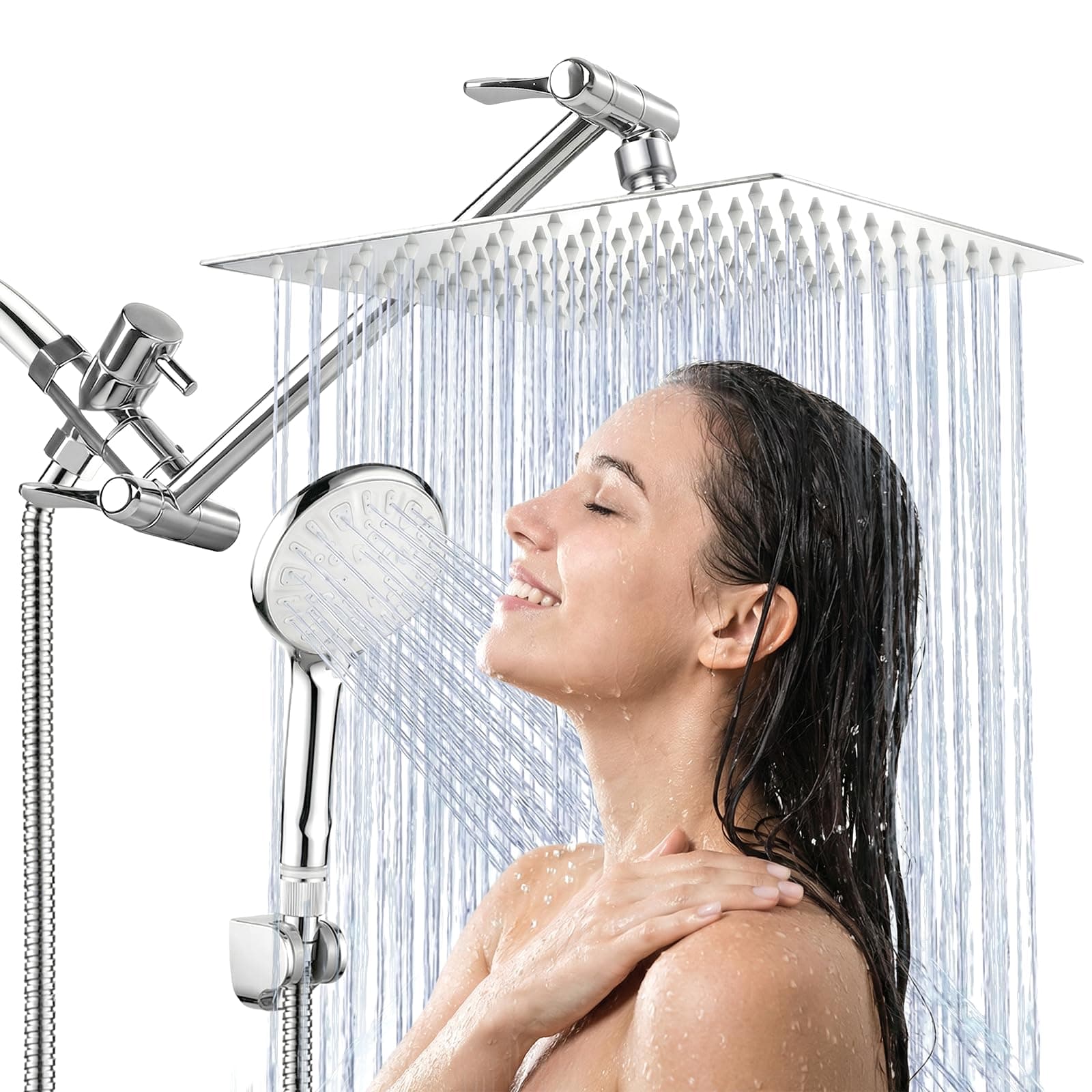 10 Inch High Pressure Rainfall Shower Head/Handheld Shower Combo with 11 Inch Extension Arm, 9 Settings Adjustable Anti-leak with Holder/Hose, Height/Angle Adjustable, Chrome