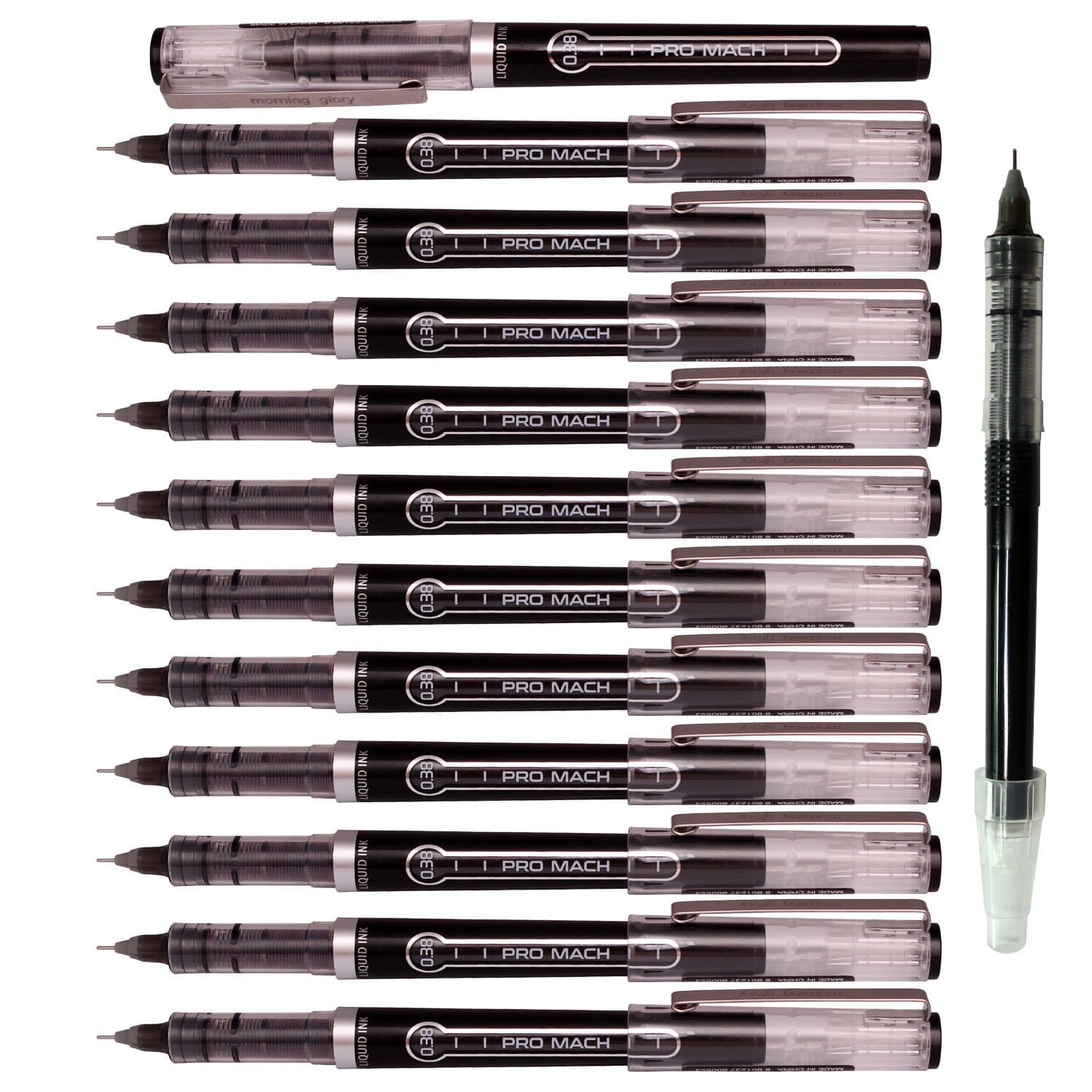 Morning Glory Pro Mach Roller Ball Pen - 0.38 mm-Fine Point Tip (Pack of 12 Pens) 1 Refill (Black)