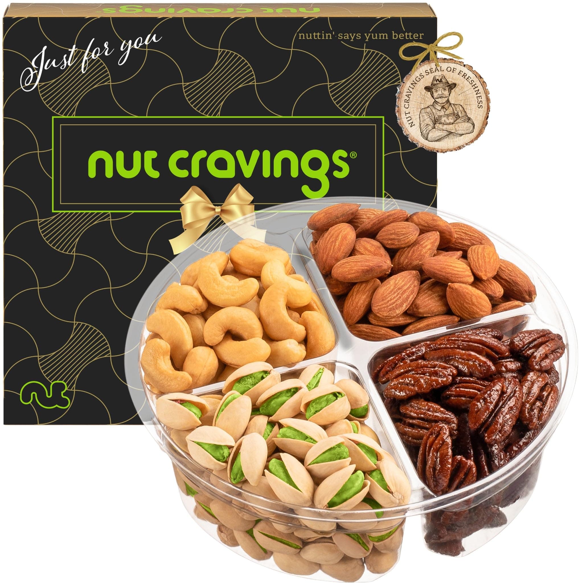 NUT CRAVINGS - Mothers Day Treats, Mixed Nuts Gift Basket in Black Gold Box (4 Assortments) Treats for Adults, Food Arrangement, Healthy Snack Care Package, Kosher