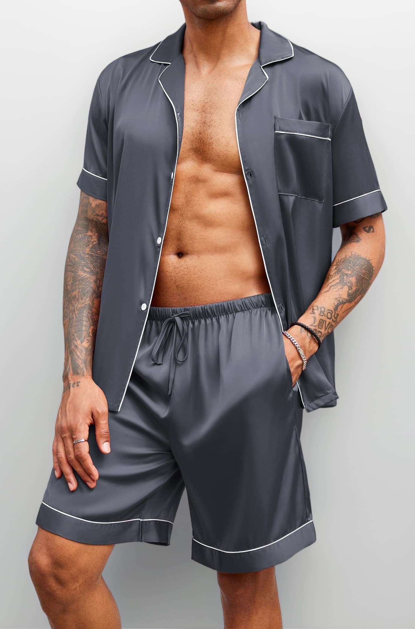 Ekouaer Mens Silk Satin Pajamas Shorts Set Classic Short Sleeve Sleepwear Loungewear 2 Pcs PJ Set Grey