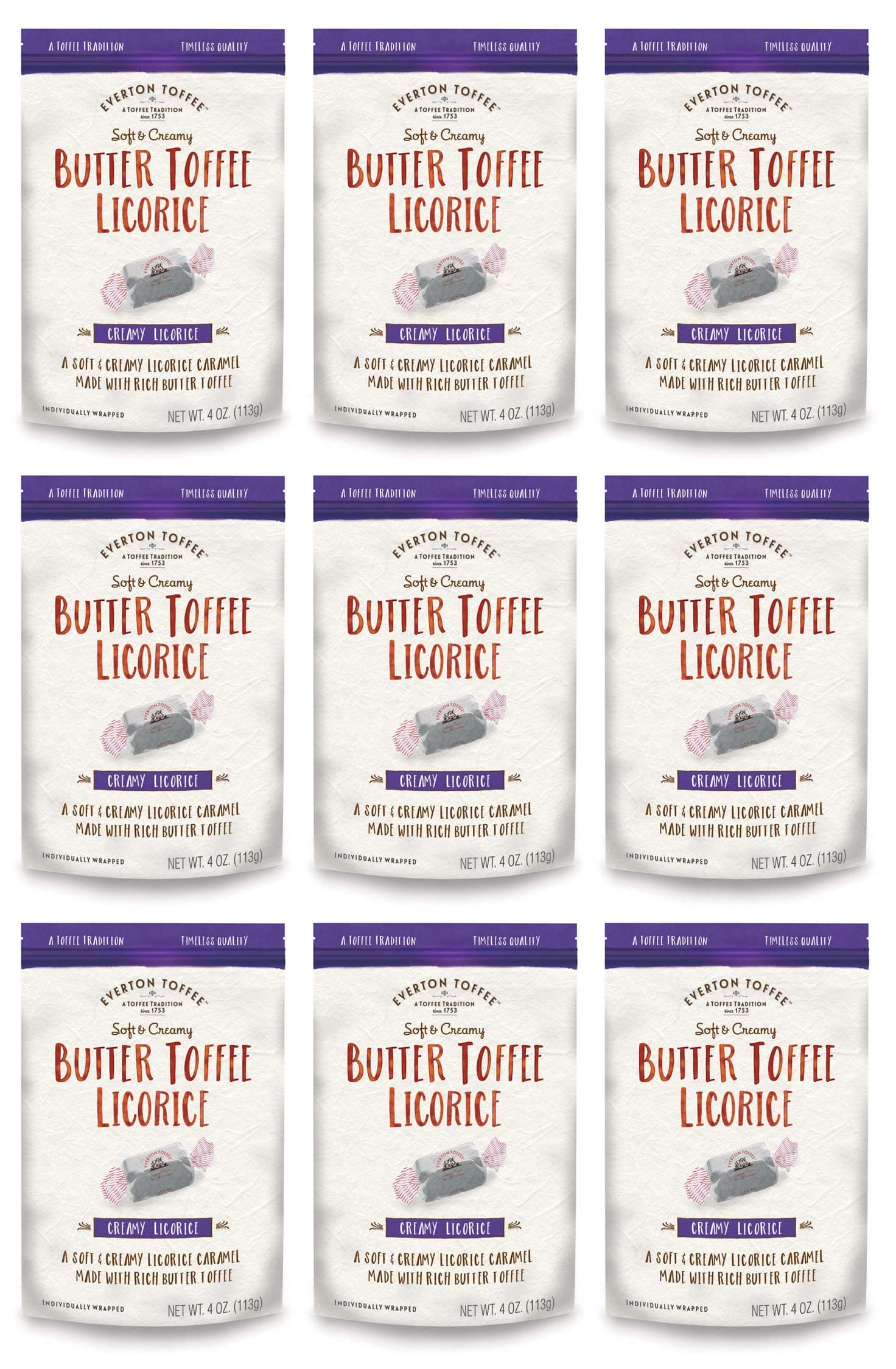 Everton Toffee Butter Toffee Caramels, Licorice Flavor (4 oz. bag, 9-pack). Gourmet, Artisan Soft and Creamy Toffee Caramels, Small Batch Crafted Carmel Candy Treats
