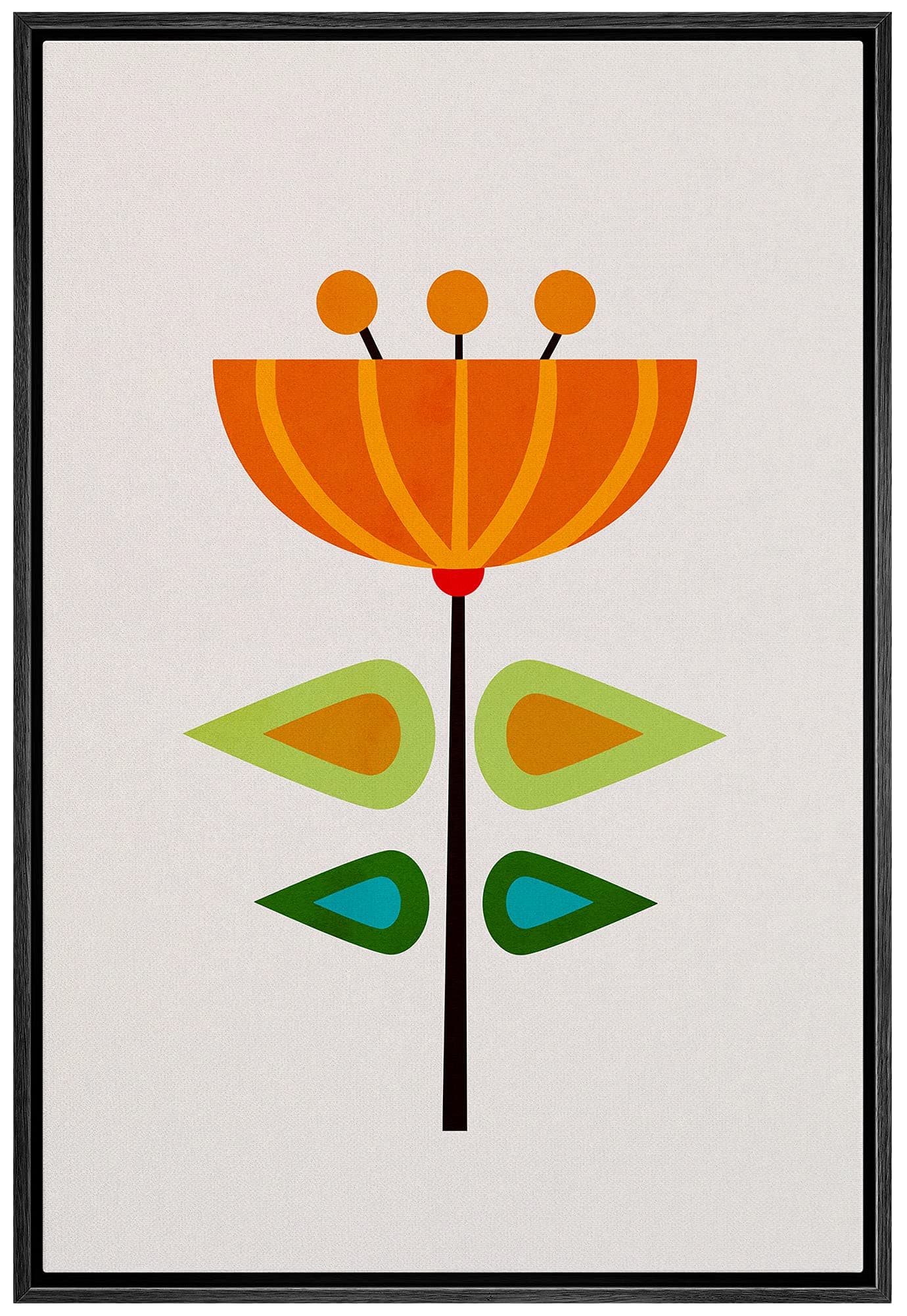 Framed Canvas Print Wall Art Geometric Green & Orange Flower Floral Plants Illustrations Modern Art Mid-Century Modern Warm for Living Room, Bedroom, Office - 24"x36" Black