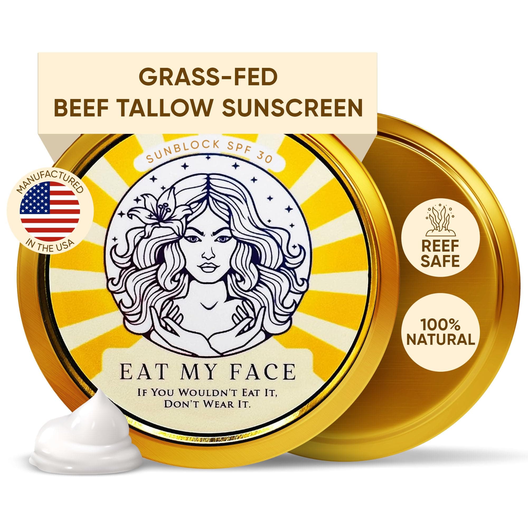 Tallow Sunscreen SPF 30 Natural Sunblock, Non-Nano Zinc Oxide, Beef Tallow Sunscreen for Face Sun Balm SPF Protection, Made in USA, 4fl oz