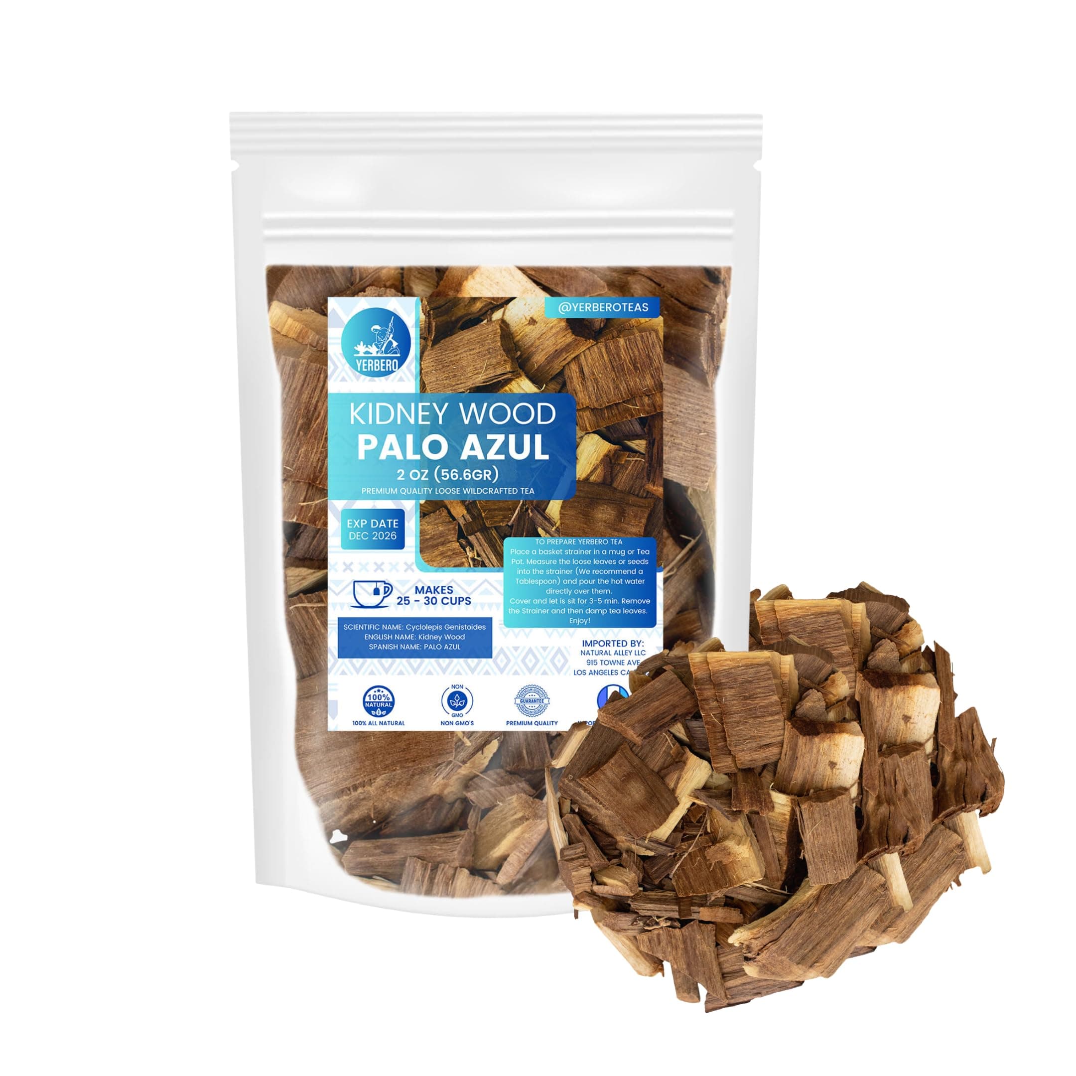 Yerbero - Te Herbal Palo Azul 2oz (56.6g) | Kidneywood Herbal Tea (Blue Stick) | Makes 20+ Cups | Wildcrafted Kidney Wood Tea | All Natural Tea, non-GMO.