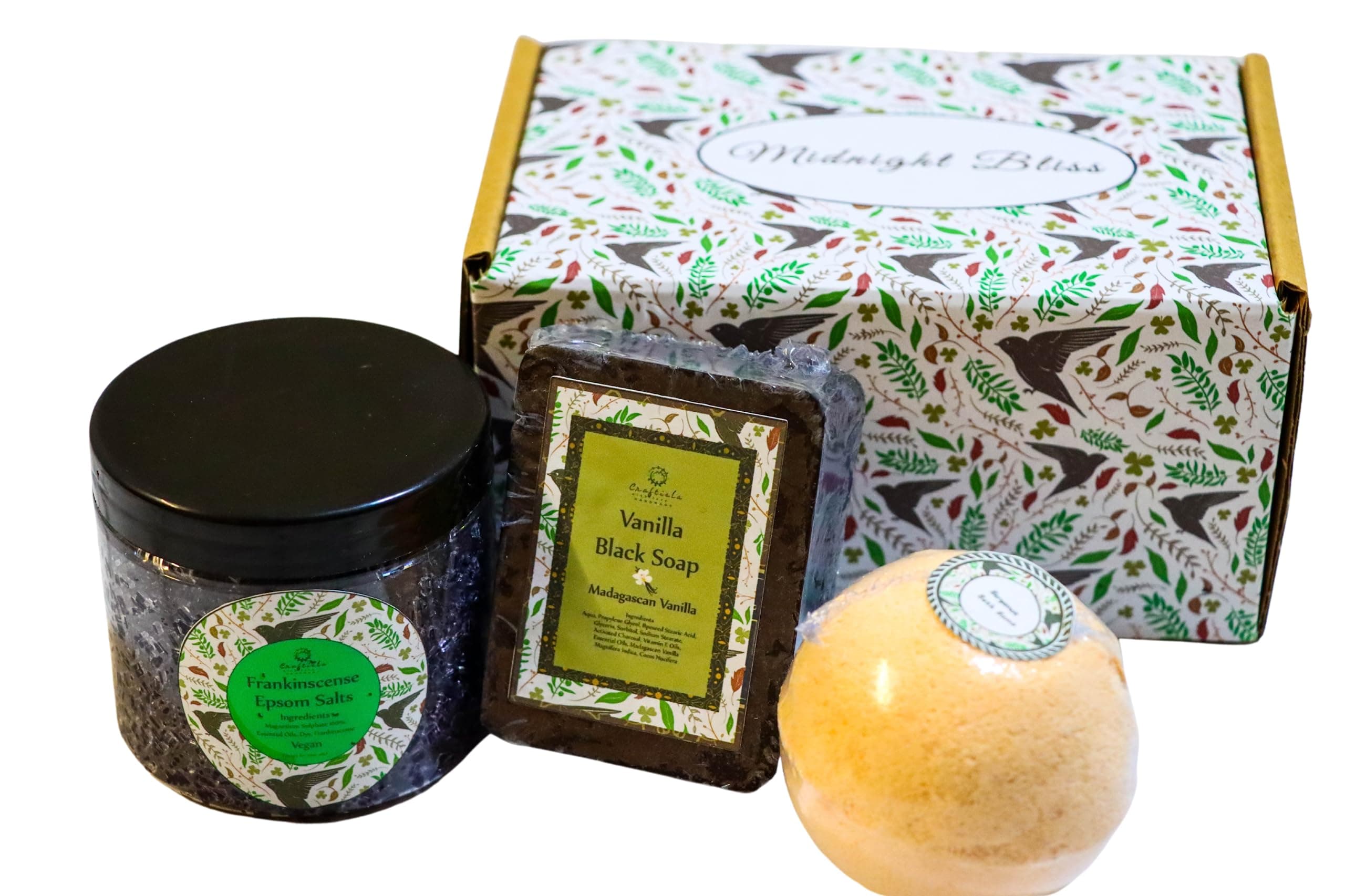 Craftiela Midnight Bliss Natural Vegan Organic Gift Set For Her Bergamot Bath Bomb, Madagascan Vanilla Black Handmade Soap, Frankinscense Epsom Bath Crystals Healthy Spa Woman Gift