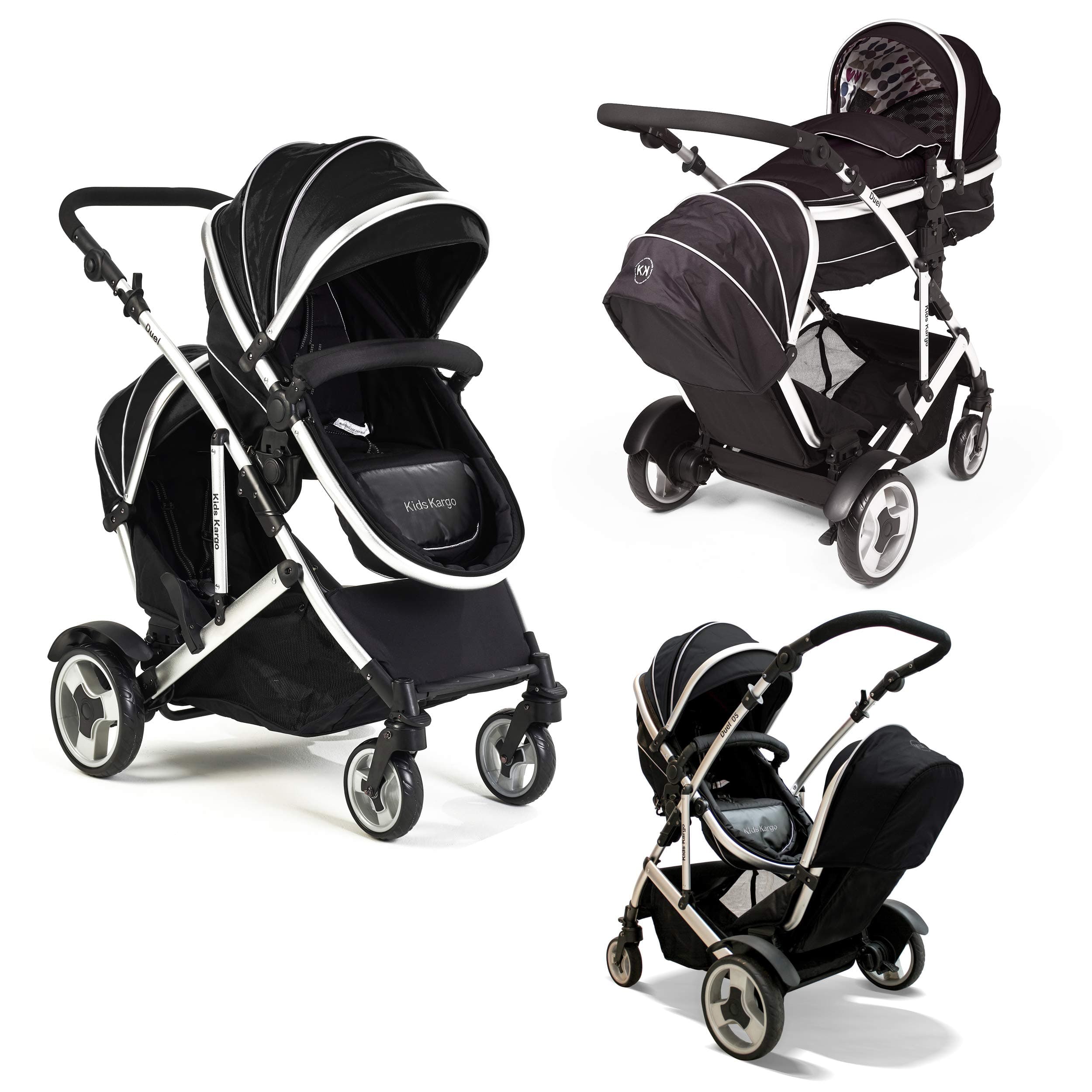 Kids Kargo Duel DS Baby & Tot + Carrycot Liner/Mattress Insect net Carrycot Converts to Seat Unit. Also Includes 2 Raincovers, Midnight Black, Double Tandem Pushchair