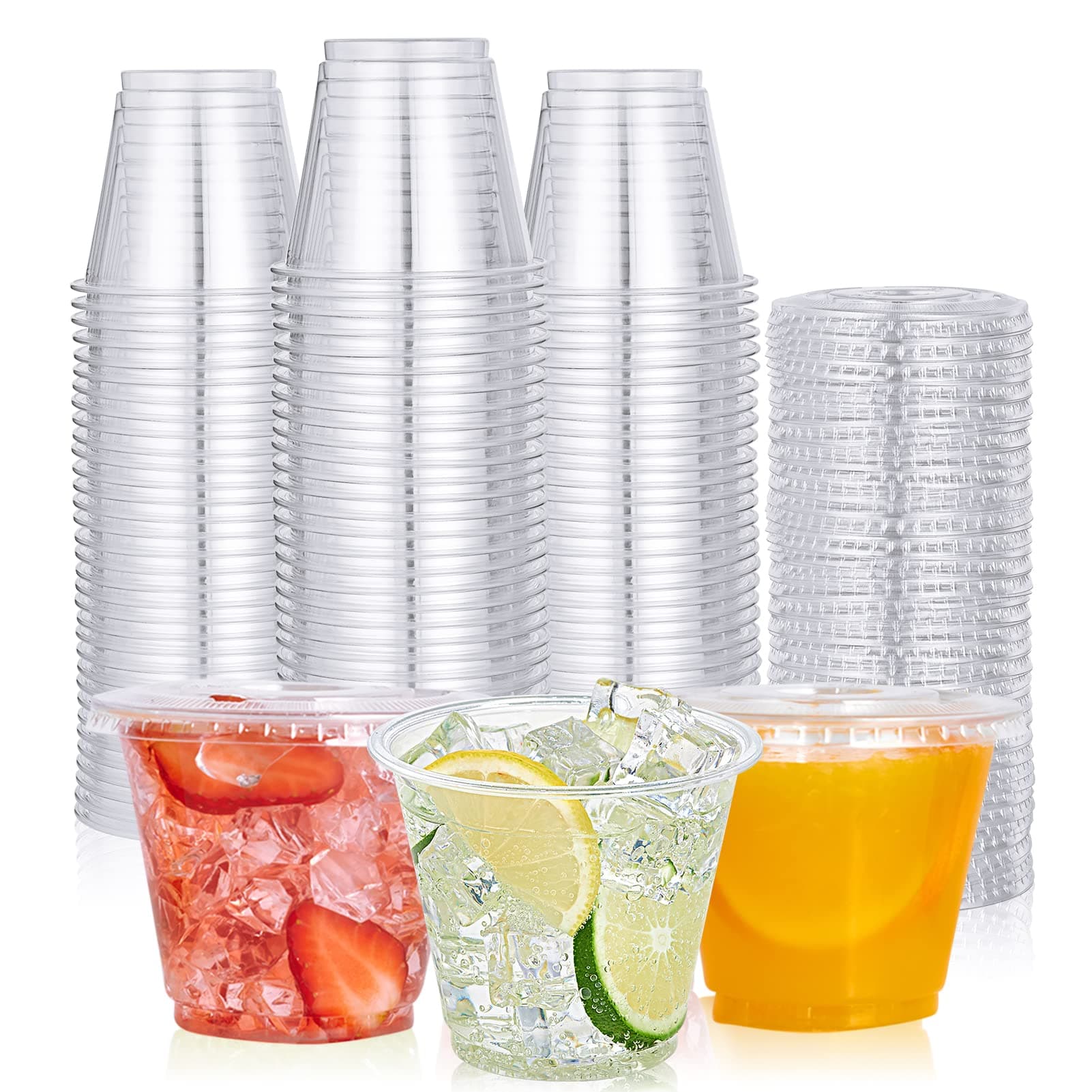 200 PACK 9 oz Clear Plastic Cups with Flat Lids