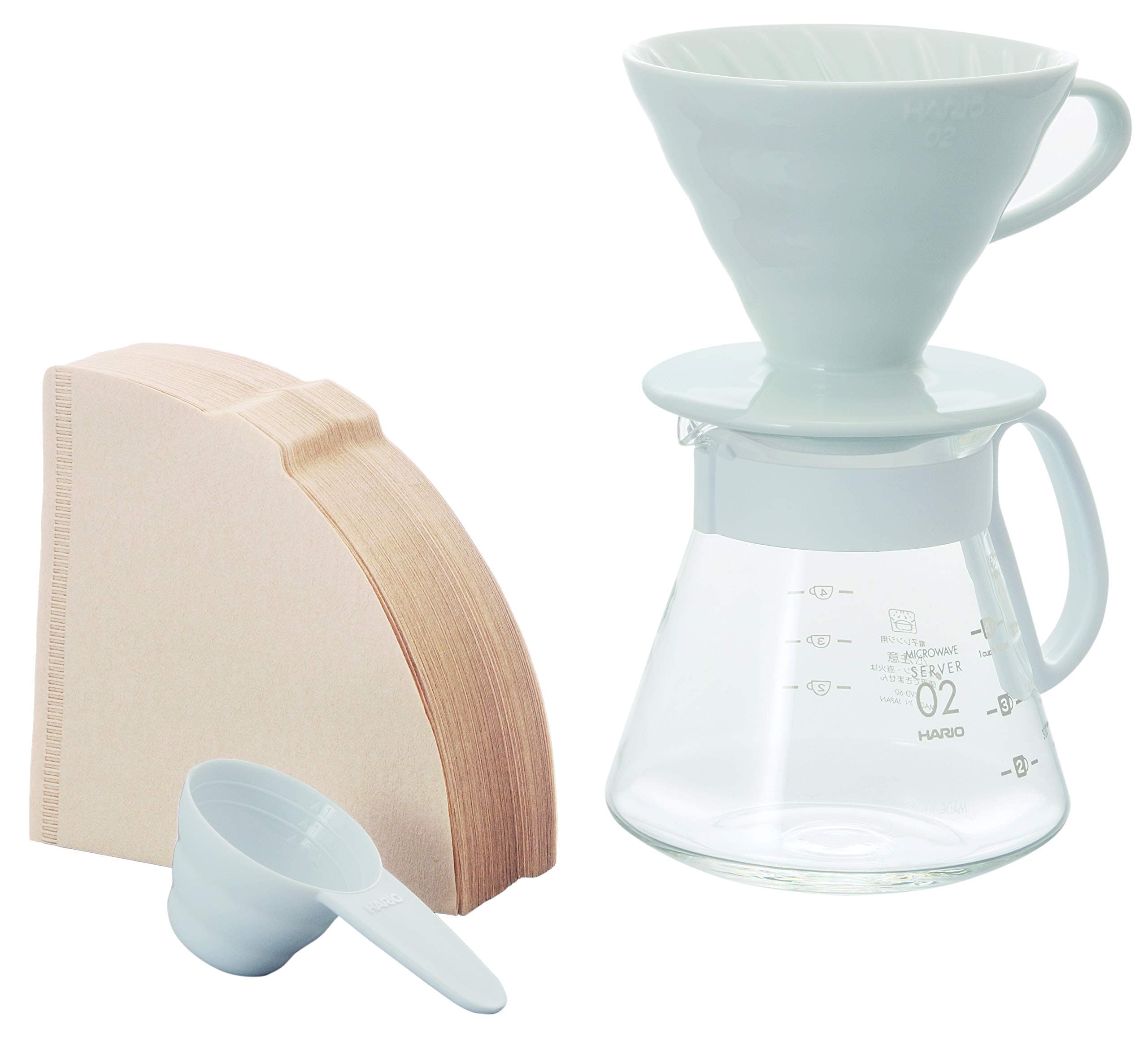 Hario Pour Over Coffee Set with Ceramic Dripper Size 02, Complete Kit with Glass Server, Scoop & Filters, Japanese Manual Brewer - White