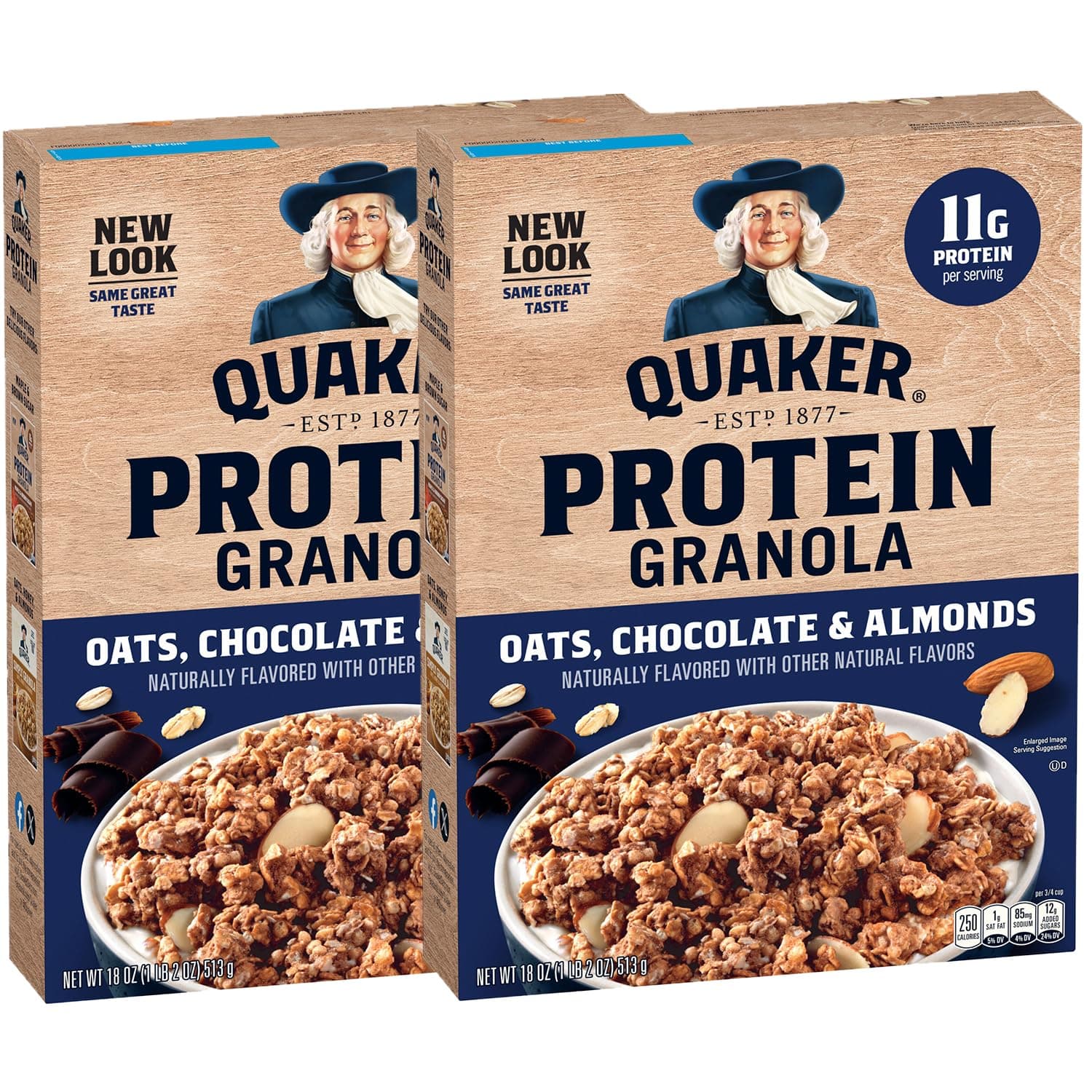 Quaker Protein Granola, Oats Chocolate, & Almonds, 18oz Boxes (2 Pack)