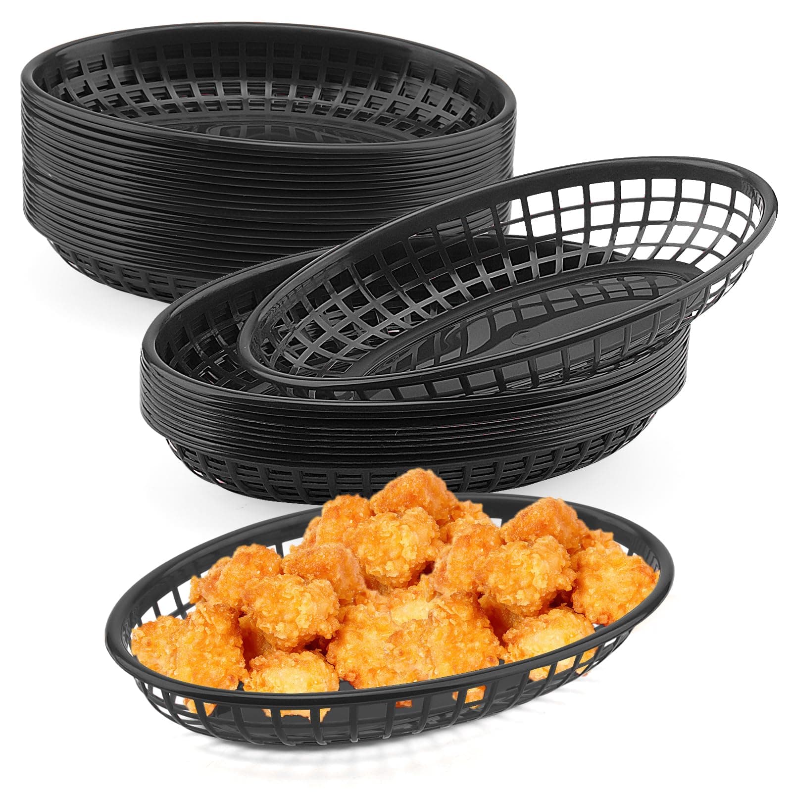 MUKCHAP 40 PCS Black Plastic Fast Food Basket, 23 x 14x 4cm Oval Fast Food Baskets, Plastic Food Serving Baskets for Chip Sandwiches Burgers