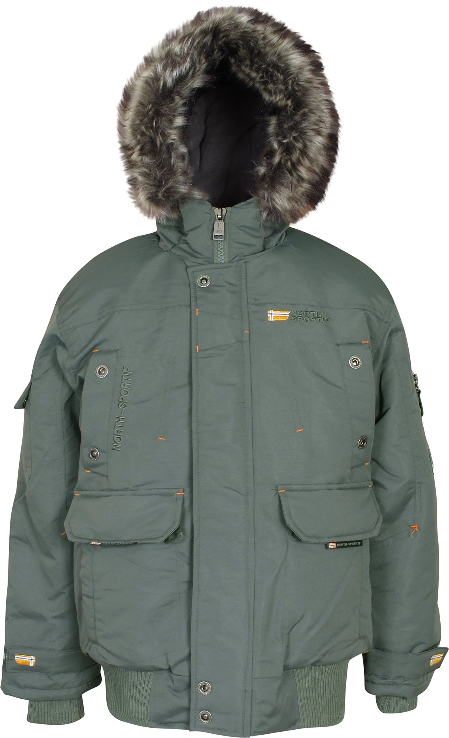 'North Sportif Boys Bomber Snorkel Jacket with Utility Pockets, Olive, Large 14/16'