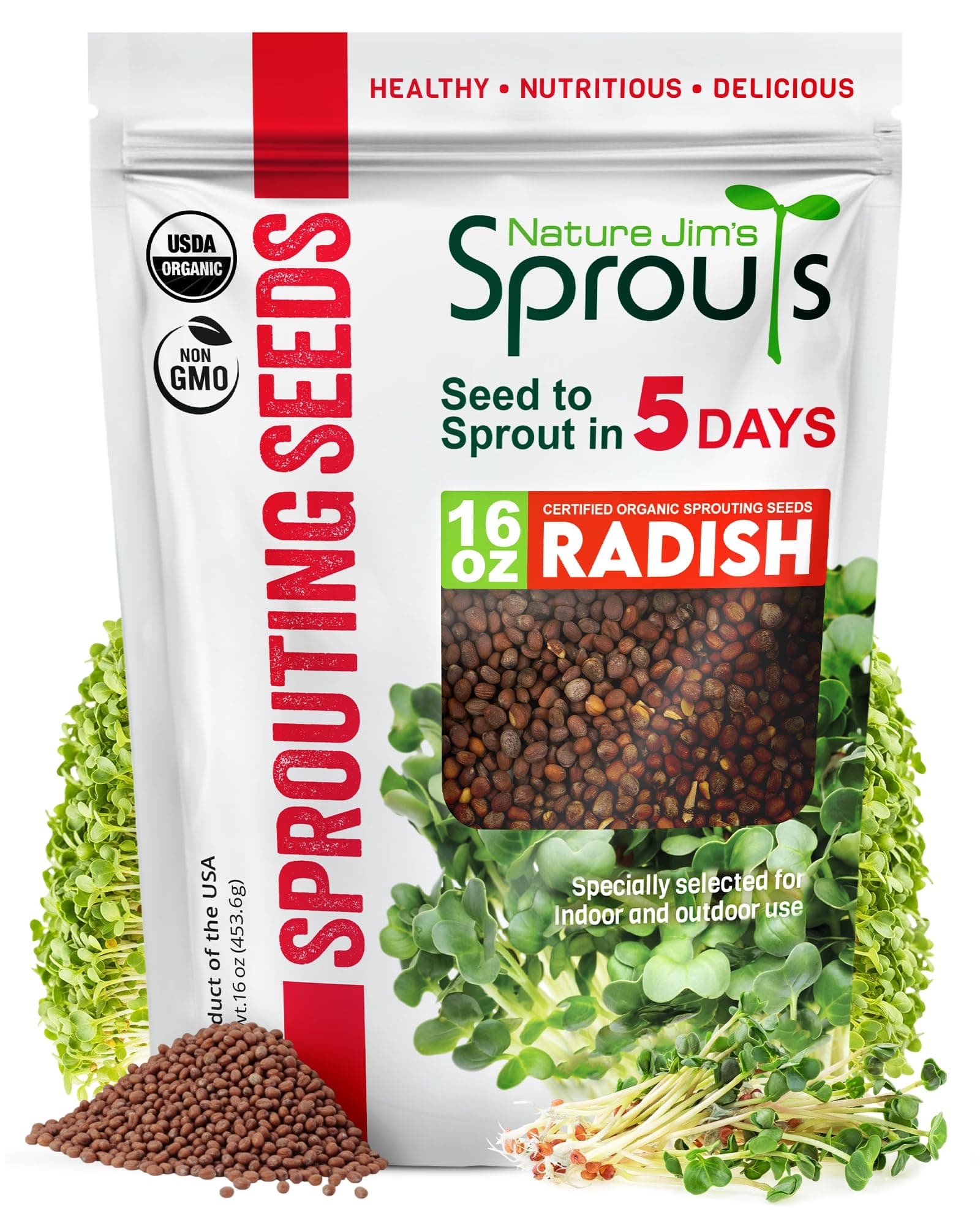 Nature Jims Organic Radish Sprout Seeds – 16 Ounce Premium Non-GMO Radish Seeds for Sprouting, Rich in Vitamins, Minerals, Fiber & Protein – Microgreen & Sprout Seeds for Home Growing