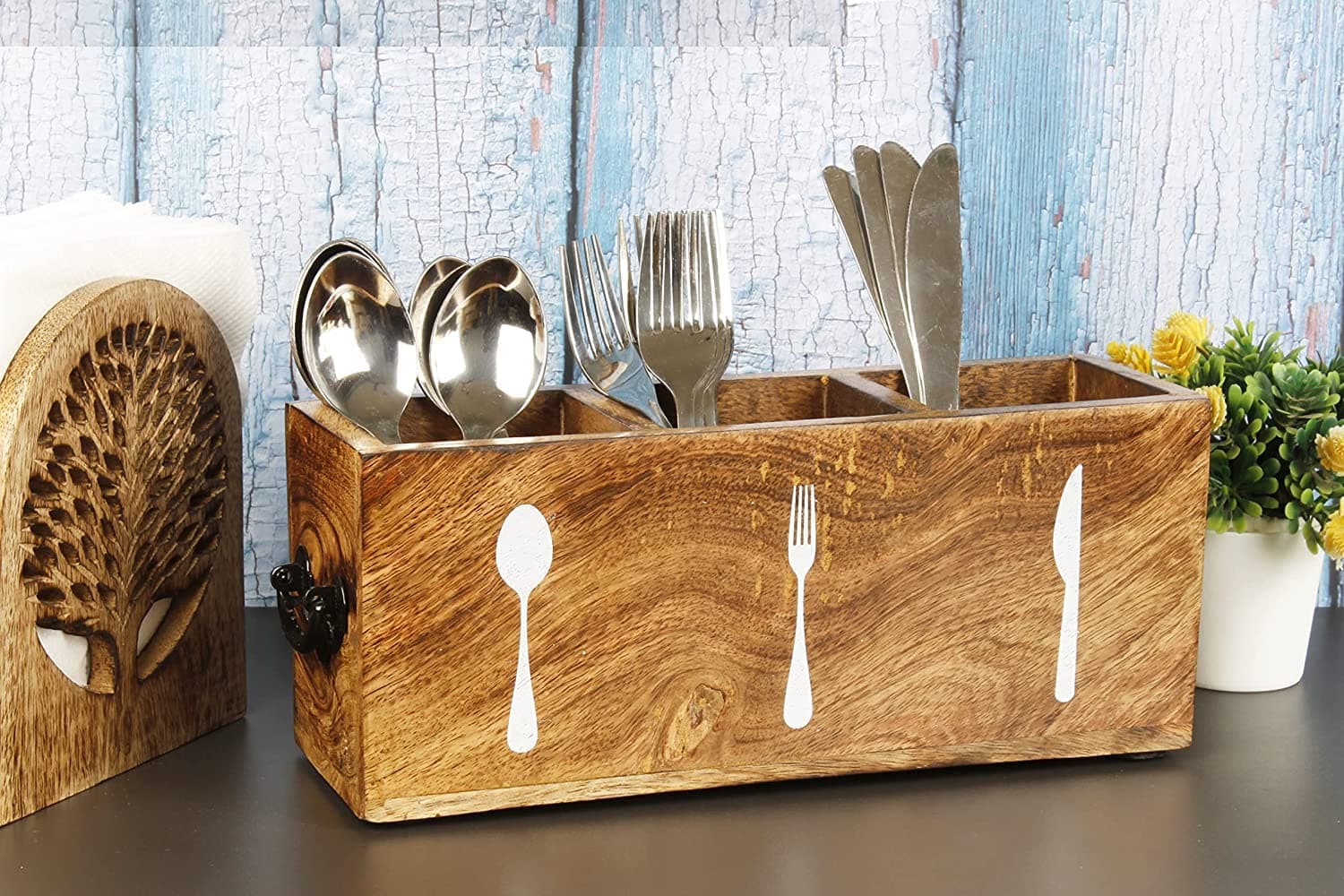 Wooden Cutlery Holder for Kitchen Counter Top - Spoon Stand Organizer for Dining Table | Wooden Spoon Holder and Utensil Storage Caddy