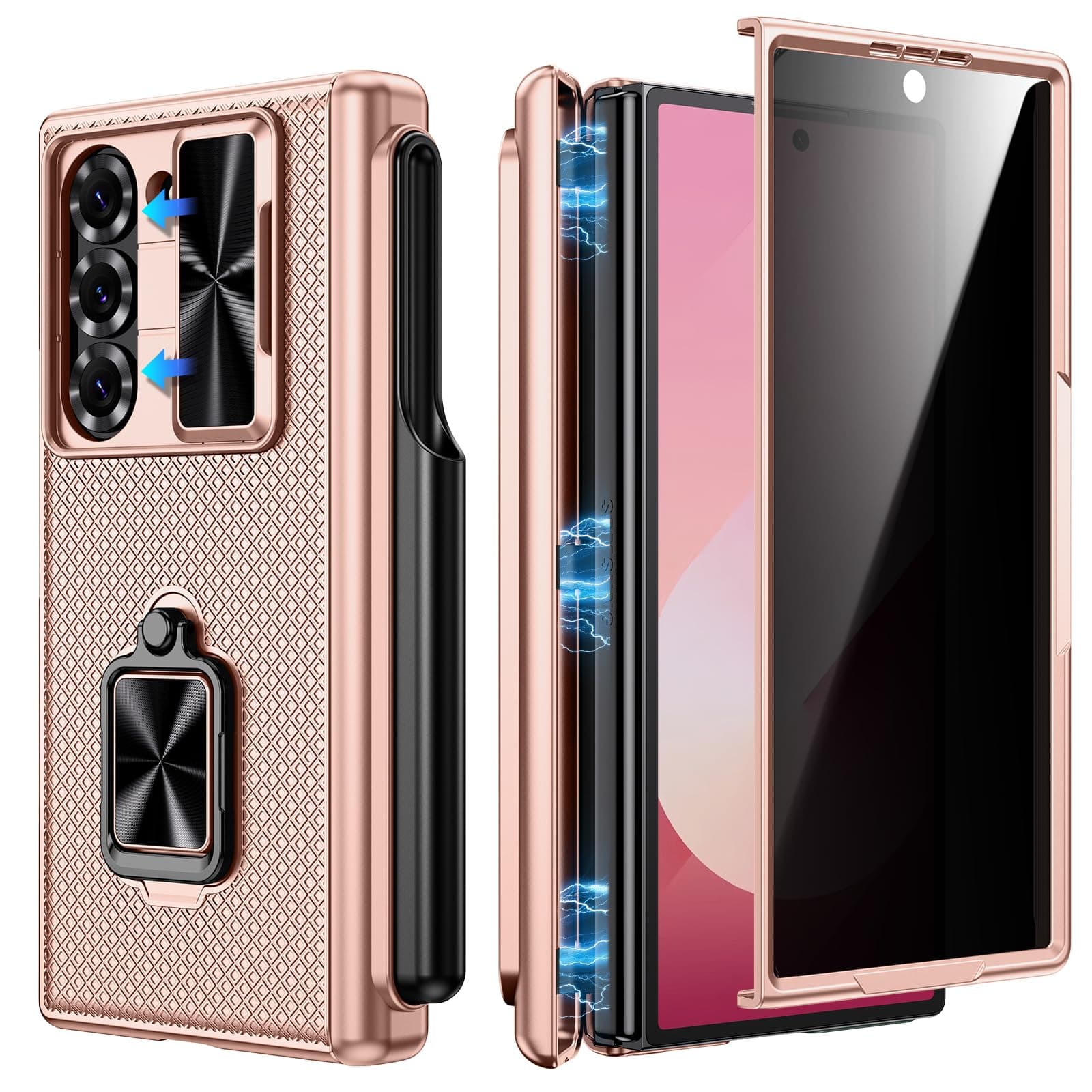 Doeshinefor Samsung Galaxy Z Fold 6 Case with S Pen Holder & 360° Ring Kickstand, Slide Camera Cover, Front Privacy Screen HD Protector, Magnetic Hinge Protection, Heavy Duty Shockproof Case (Gold)