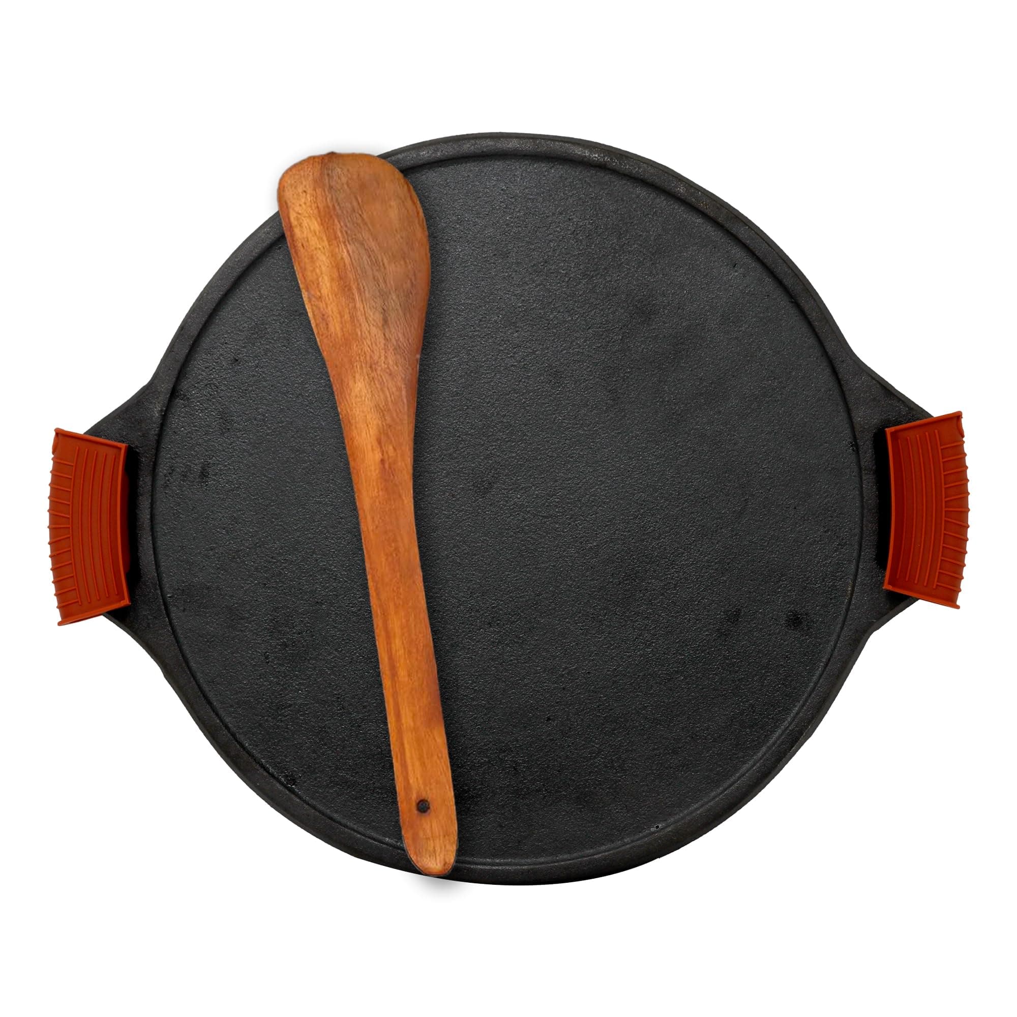 Rock Tawa Dosa Tawa 12 Inch Pre-Seasoned Cast Iron with Free Wooden Spatula and Silicon Grip Cover