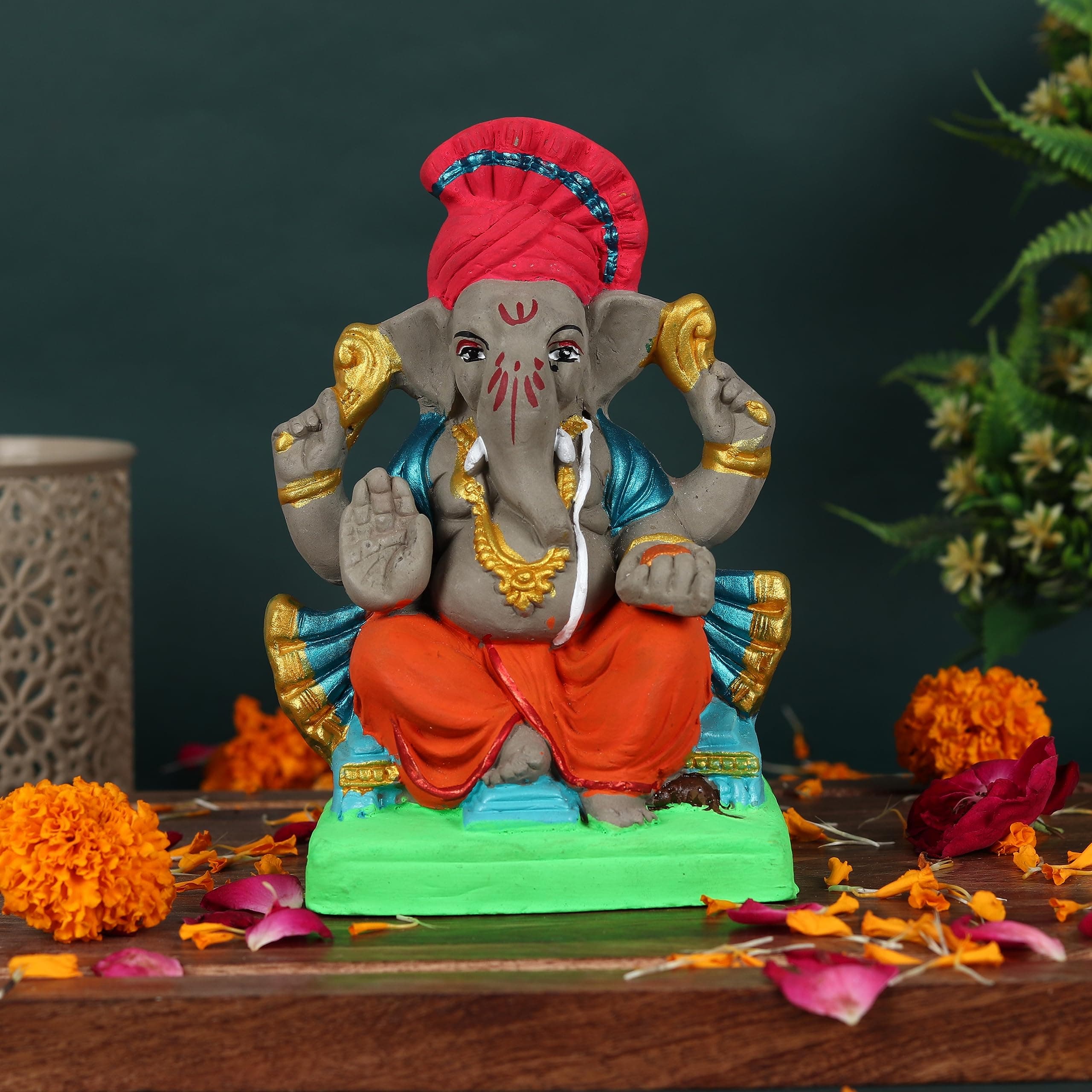 Khajuraho Crafts Eco Friendly | Plantable Ganesha Idol | 7 Inch |100% Biodegradable Handmade Clay Ganpati Idol Ganesh Chaturthi | Ganpati Statue | Water Soluble for Home Visarjan (Lalbaugcha Raja)