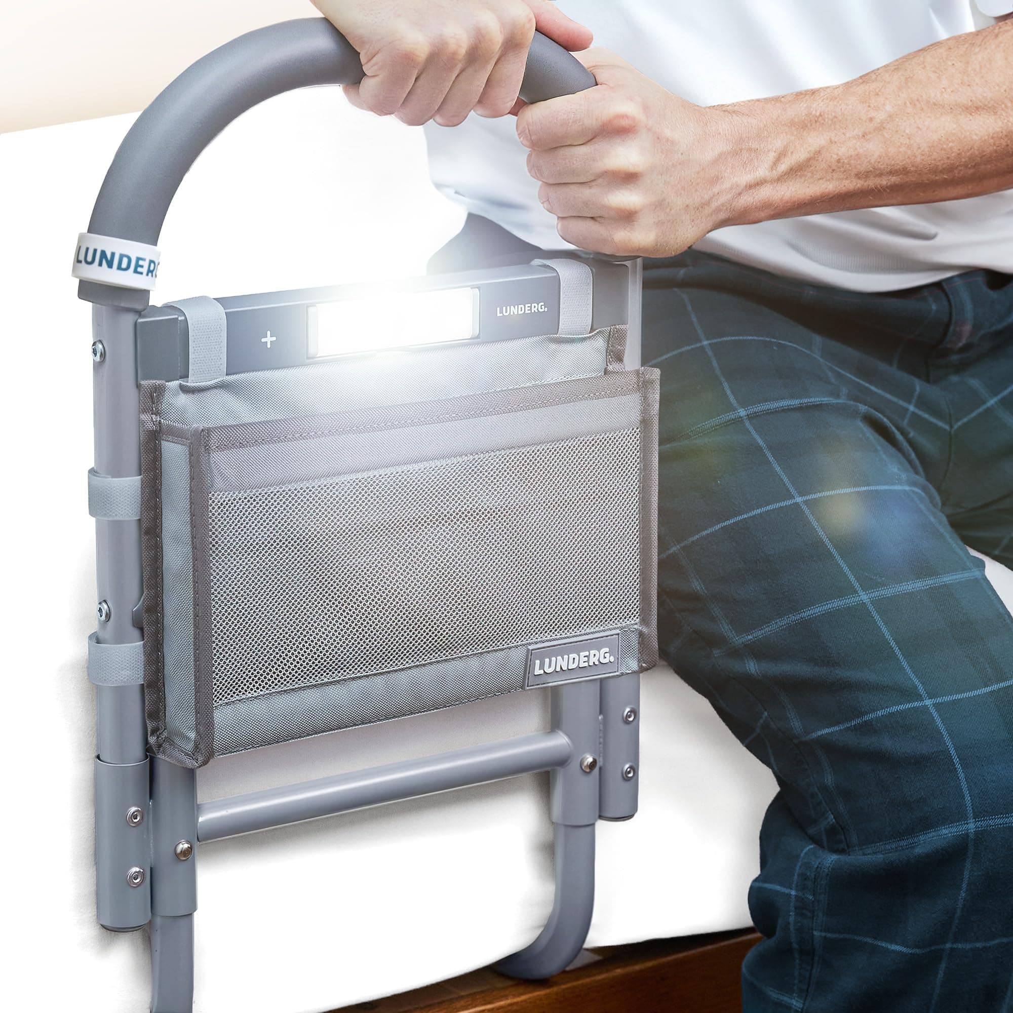 Lunderg Bed Assist Rail for Seniors with Motion-Activated Light & Storage Pocket - Easy to Install Bed Rails for Elderly Adults Safety & Post-Surgery - Helps Reduce Falls & Support Independence