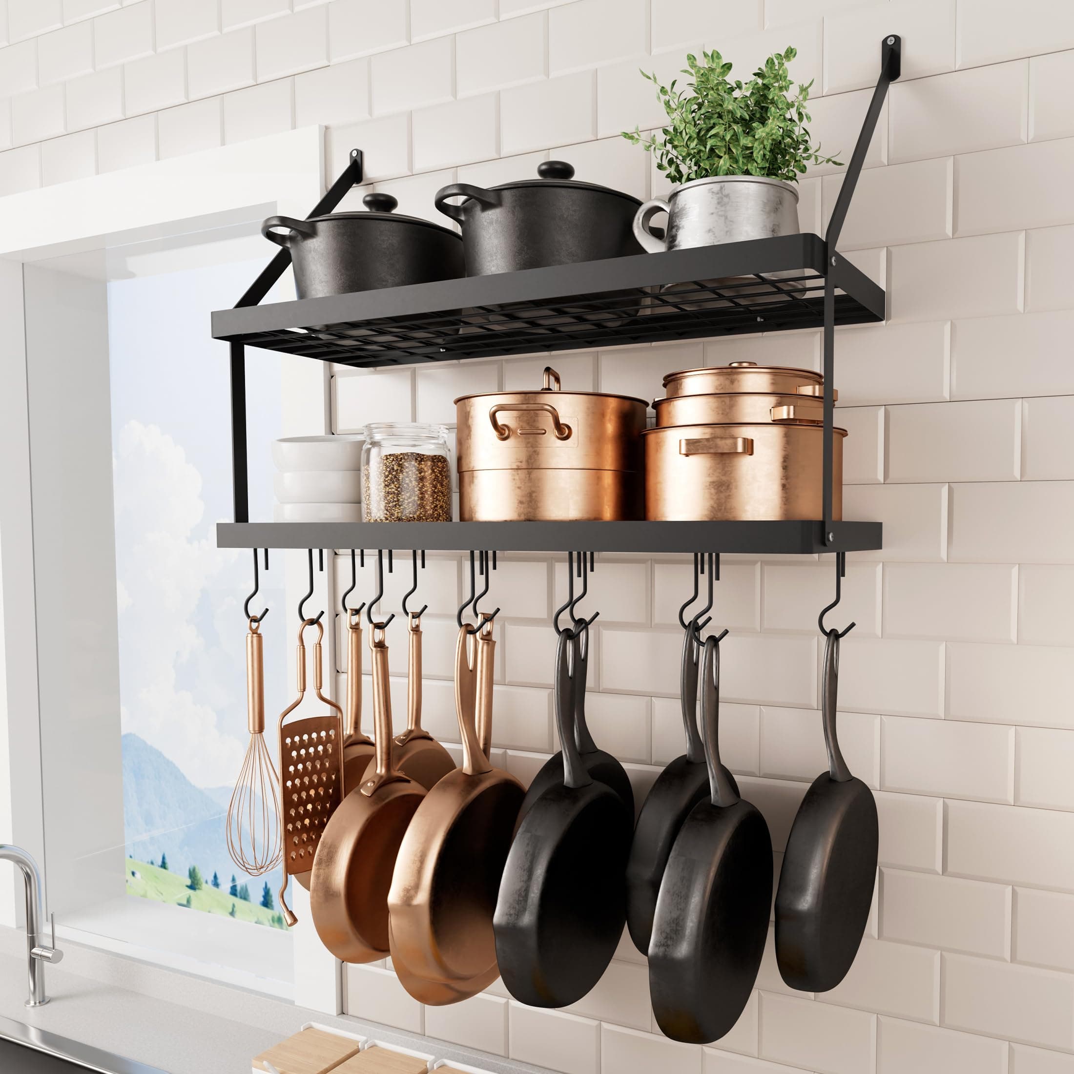 KES Pot Rack Wall Mounted, Pot and Pan Hanging Rack for Kitchen 30 Inch 2 Tier, Wall Mount Pot Rack Hanger with 12 Hooks Organizer Hanging Heavy Duty Matte Black, KUR218S75B-BK