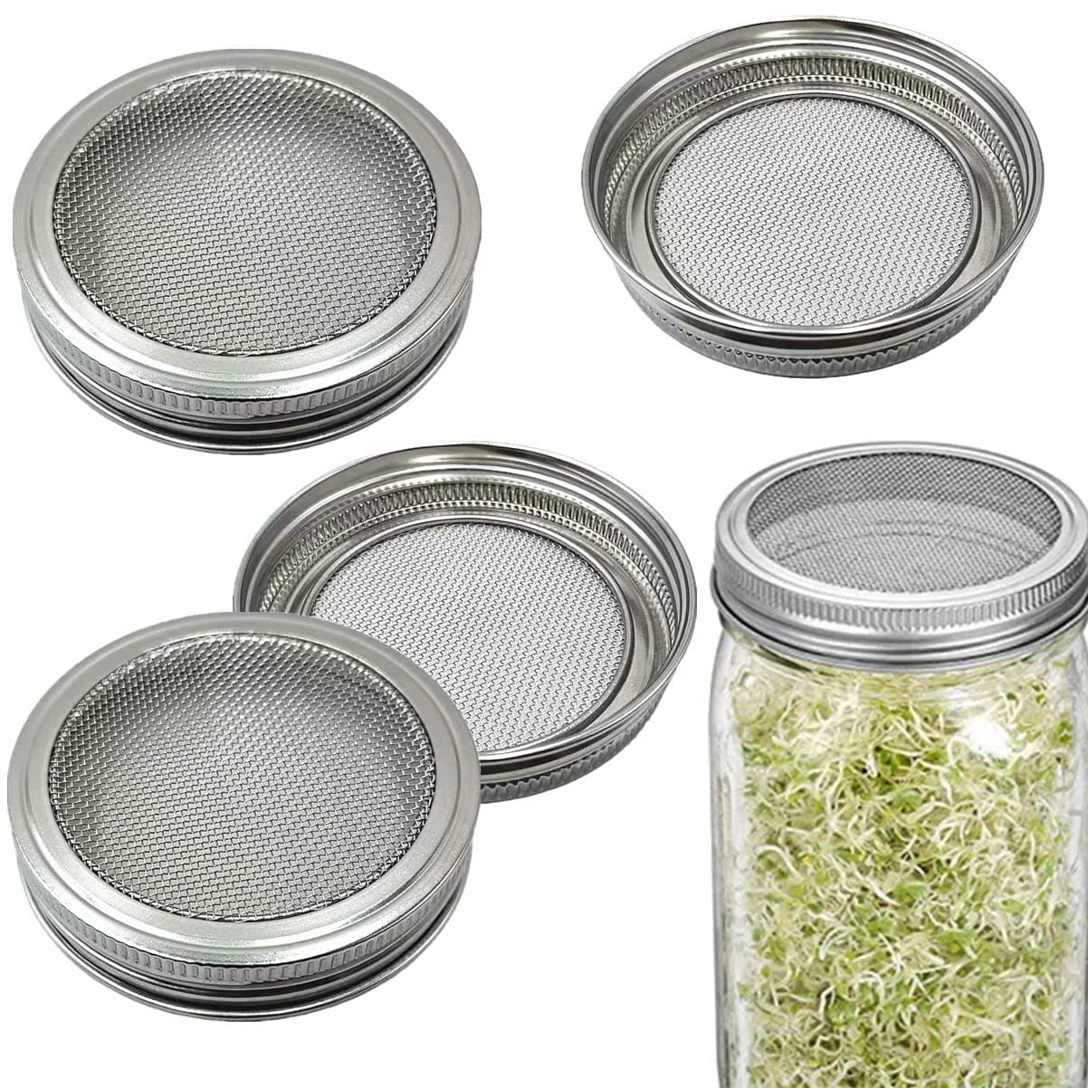 WIDE MOUTH Mesh Sprouting Lids 316 Stainless Steel Mason Jar Strainer Lid for Mason Canning Jars Seed Sprouting Salad Sprouts Strainer Mesh Lids 4 Pack