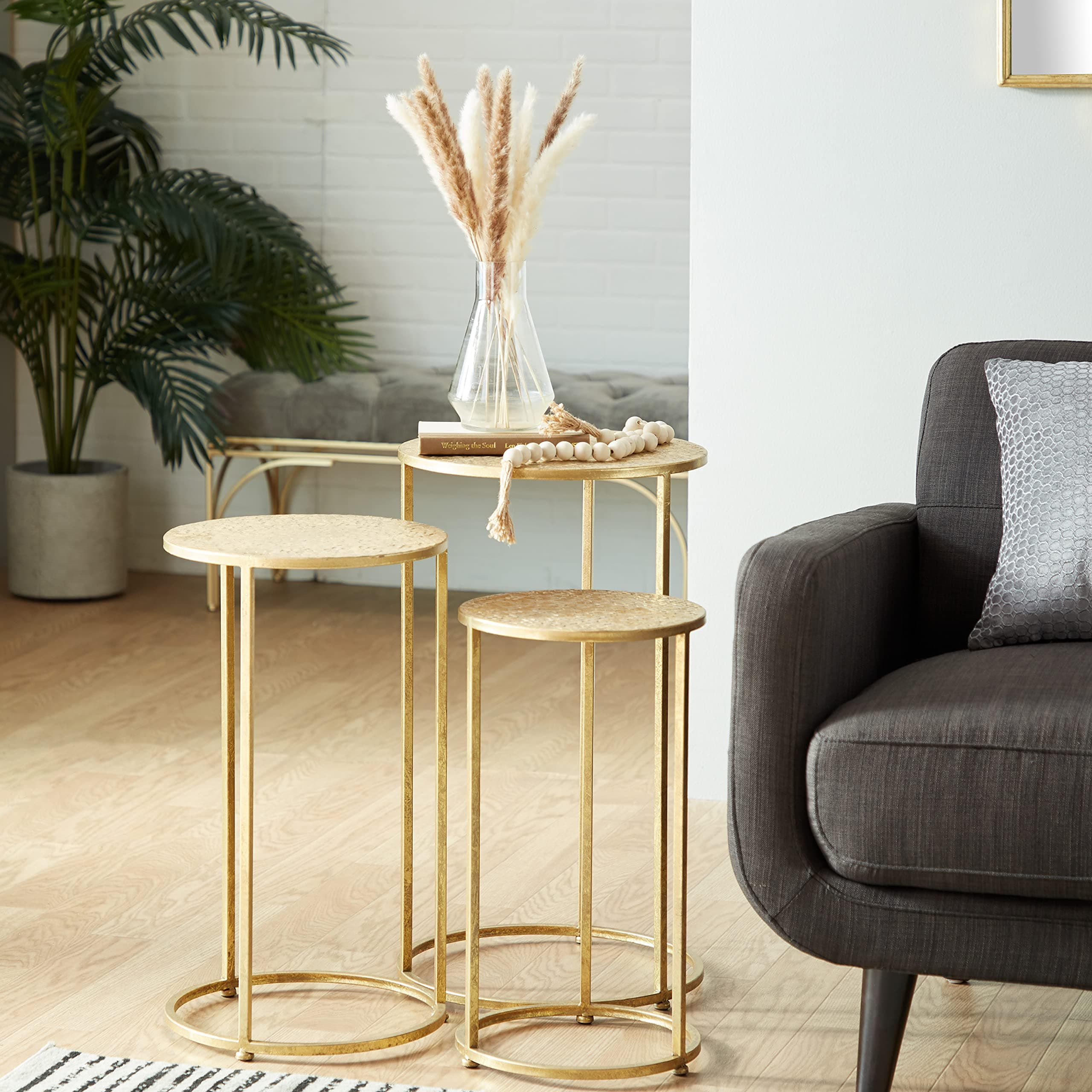 Deco 79 Metal Side End Accent Table Nesting End Table with Textures Tops, Set of 3 Side Table 28", 24", 22"H, Gold